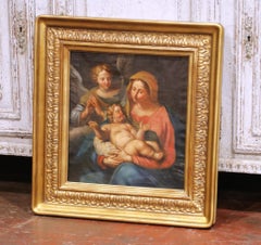17th C. French School Oil on Canvas Painting of Madonna and Child with Angel