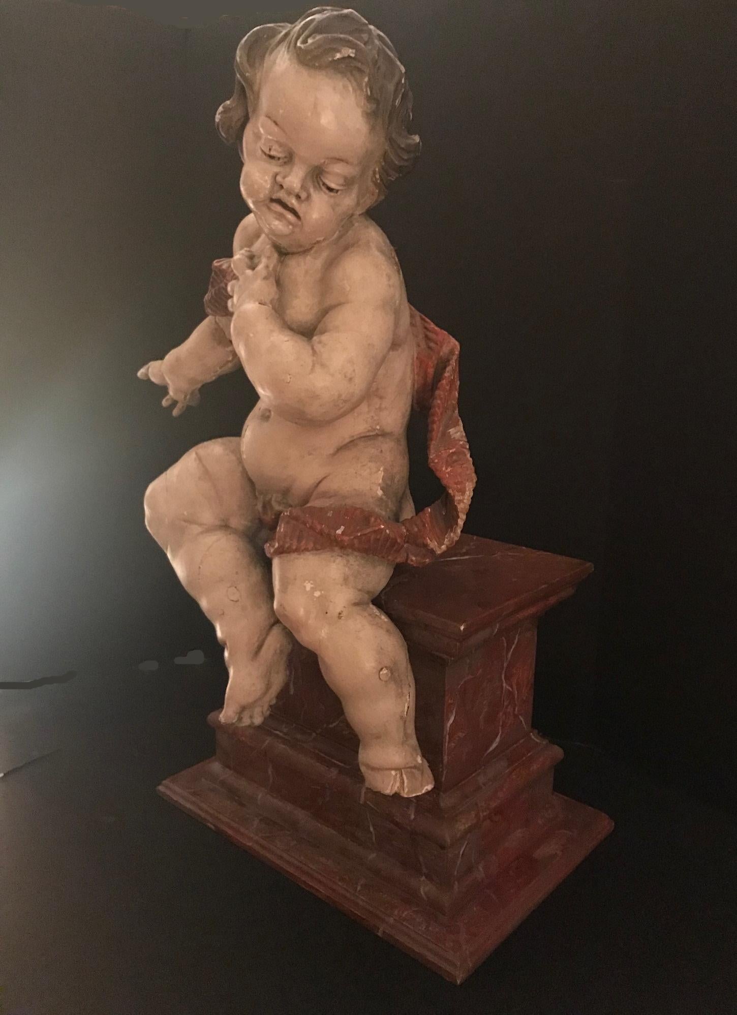 Hand-Carved German Baroque Wood Carved Life Sized Putto, Original Polychrome #2 of 2
