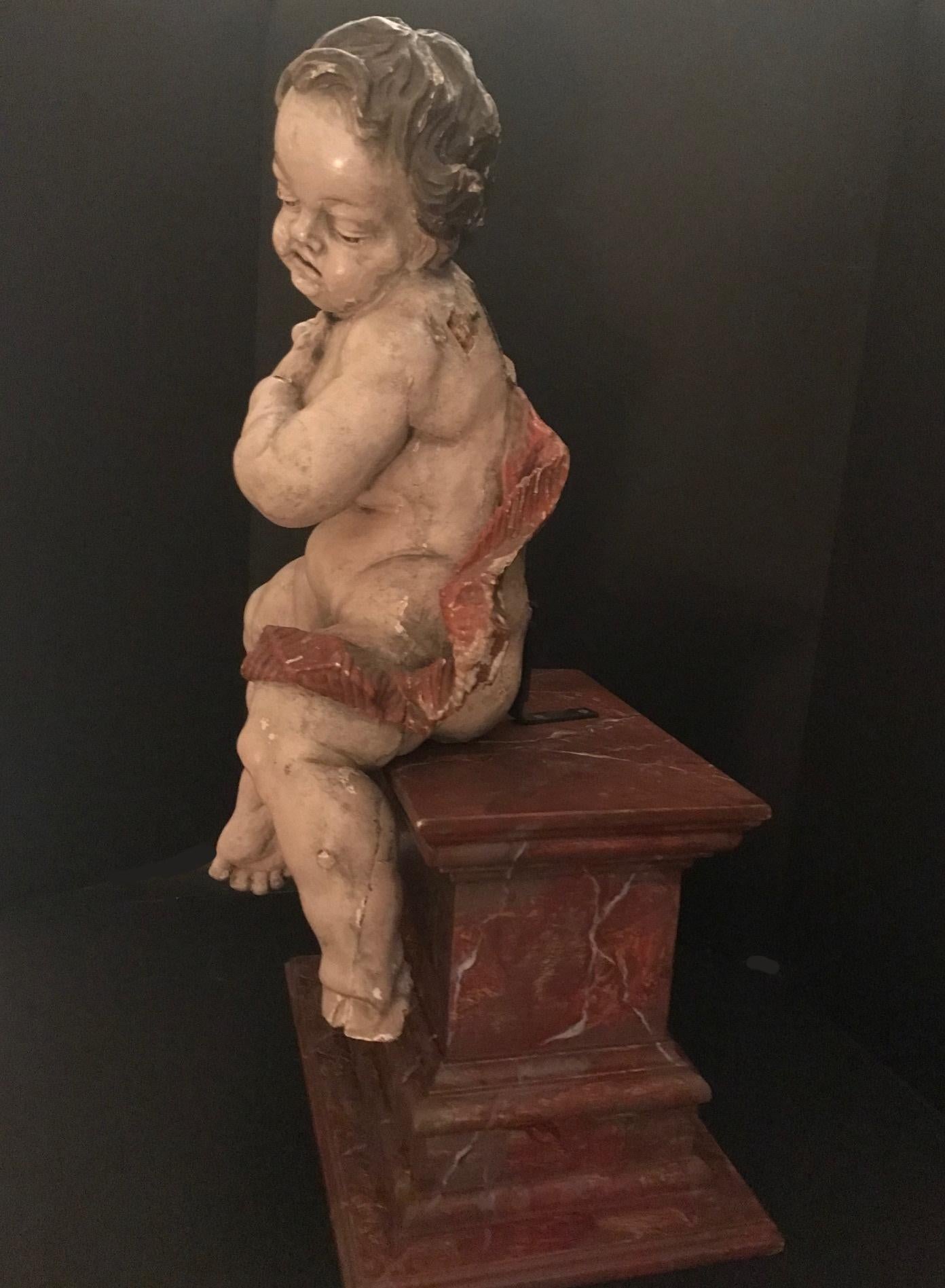 German Baroque Wood Carved Life Sized Putto, Original Polychrome #2 of 2 In Good Condition In Vero Beach, FL