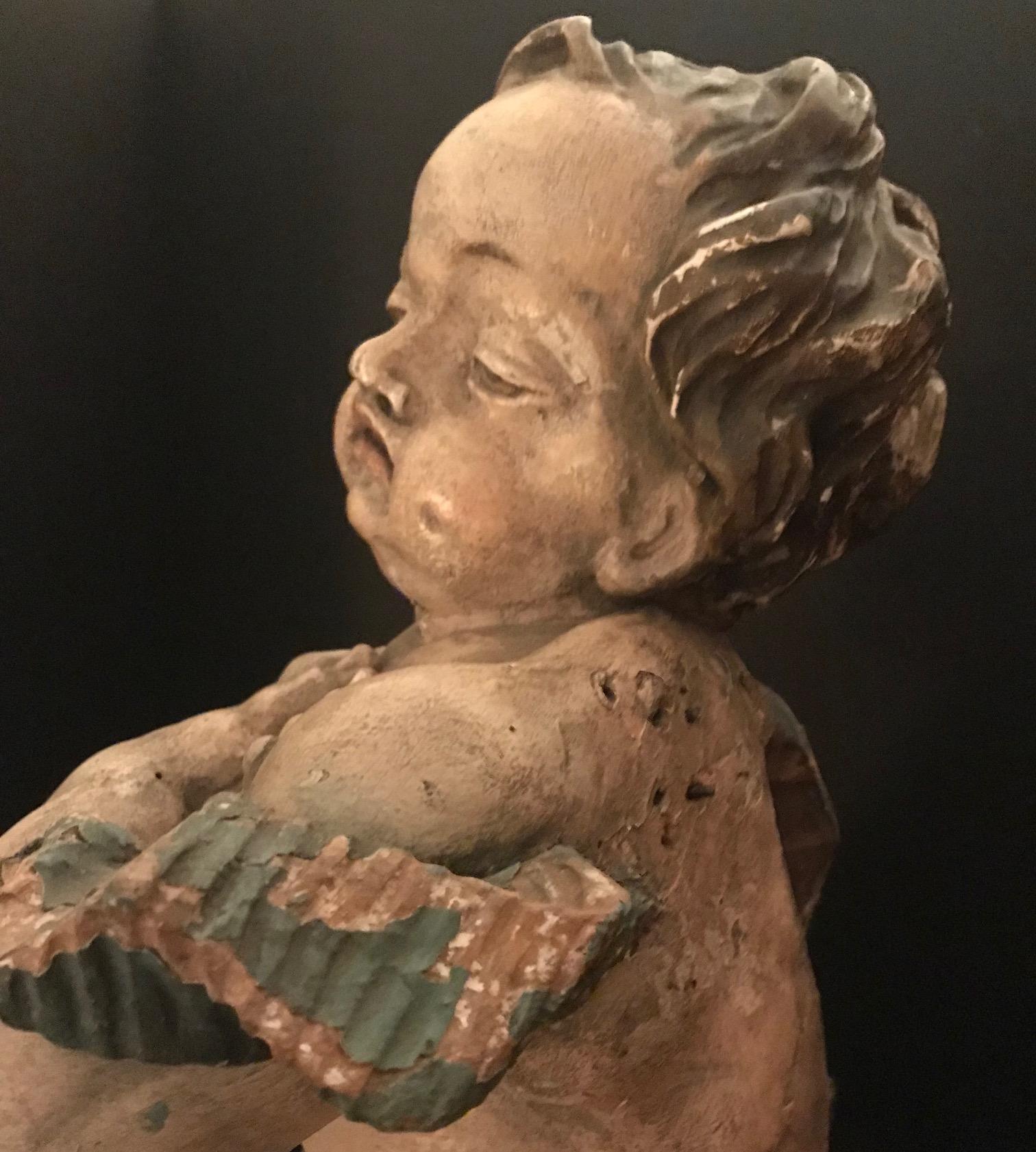 German Baroque Wood Carved Life Sized Putto, Original Polychrome #1 of 2 5