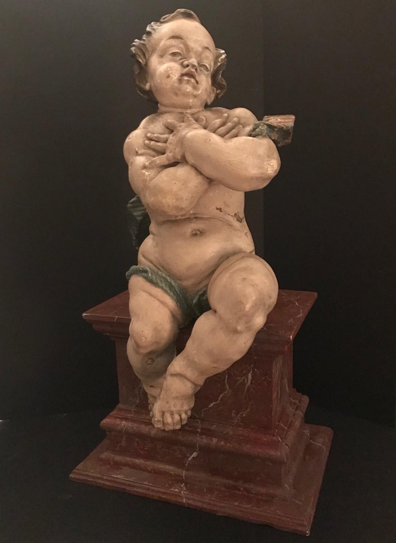 Hand-Carved German Baroque Wood Carved Life Sized Putto, Original Polychrome #1 of 2