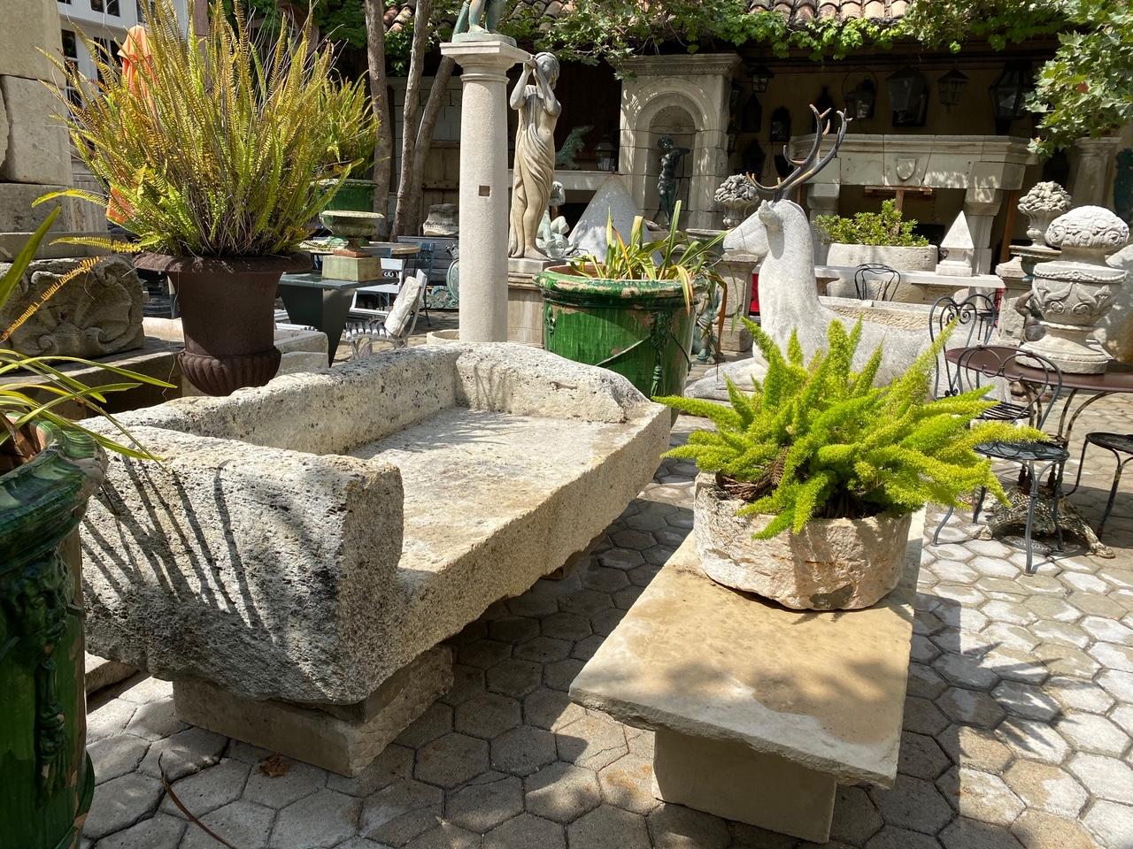 17th century hand carved garden stone bench. No pedestals or bases instead to mount it in place as the example. This rustic beauty is a rare piece indeed A beautiful garden bench simple lines that works in an interior as a seating or decorative