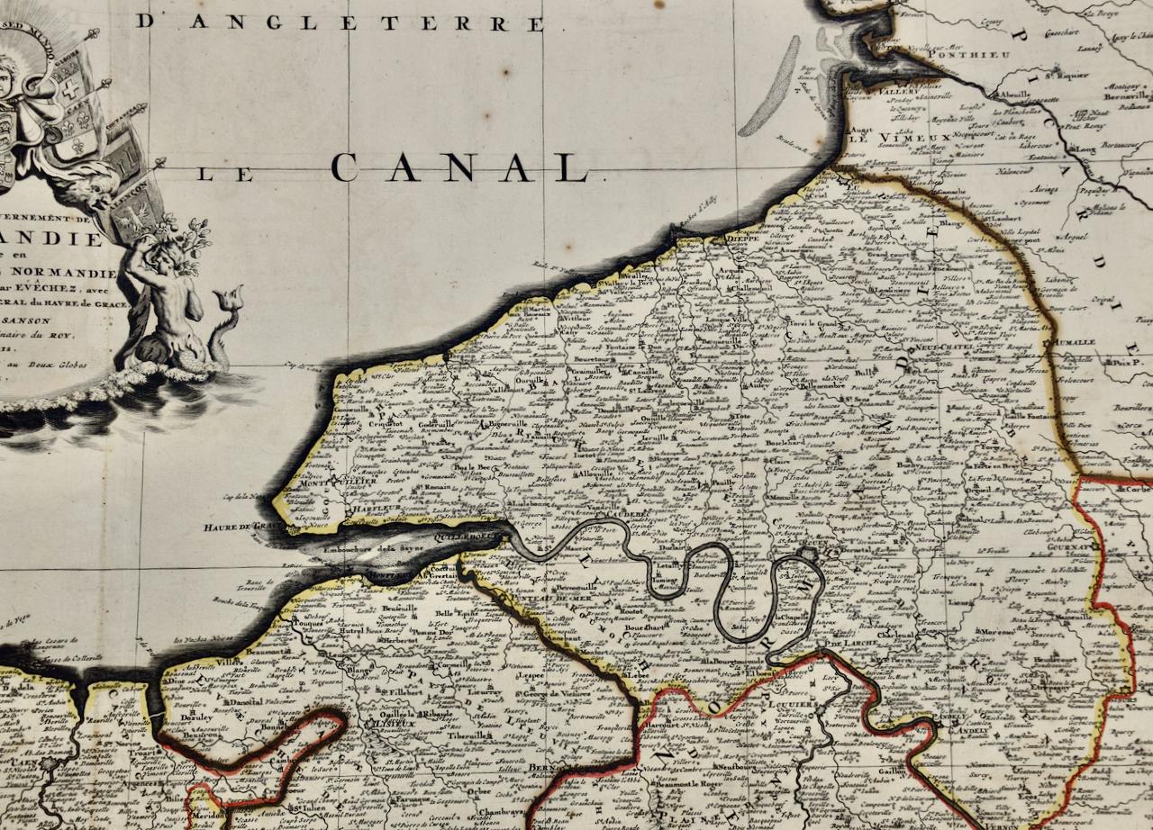 Français La région de Normandie en France : une carte du XVIIe siècle colorée à la main par Sanson et Jaillot en vente