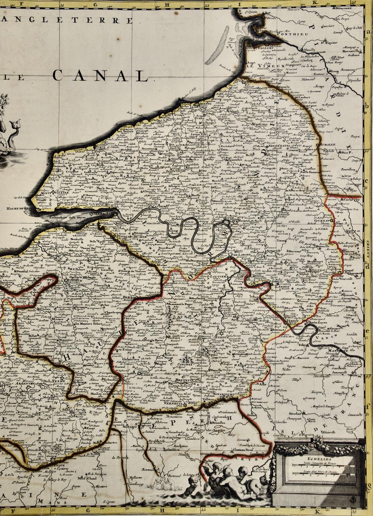 Gravé La région de Normandie en France : une carte du XVIIe siècle colorée à la main par Sanson et Jaillot en vente