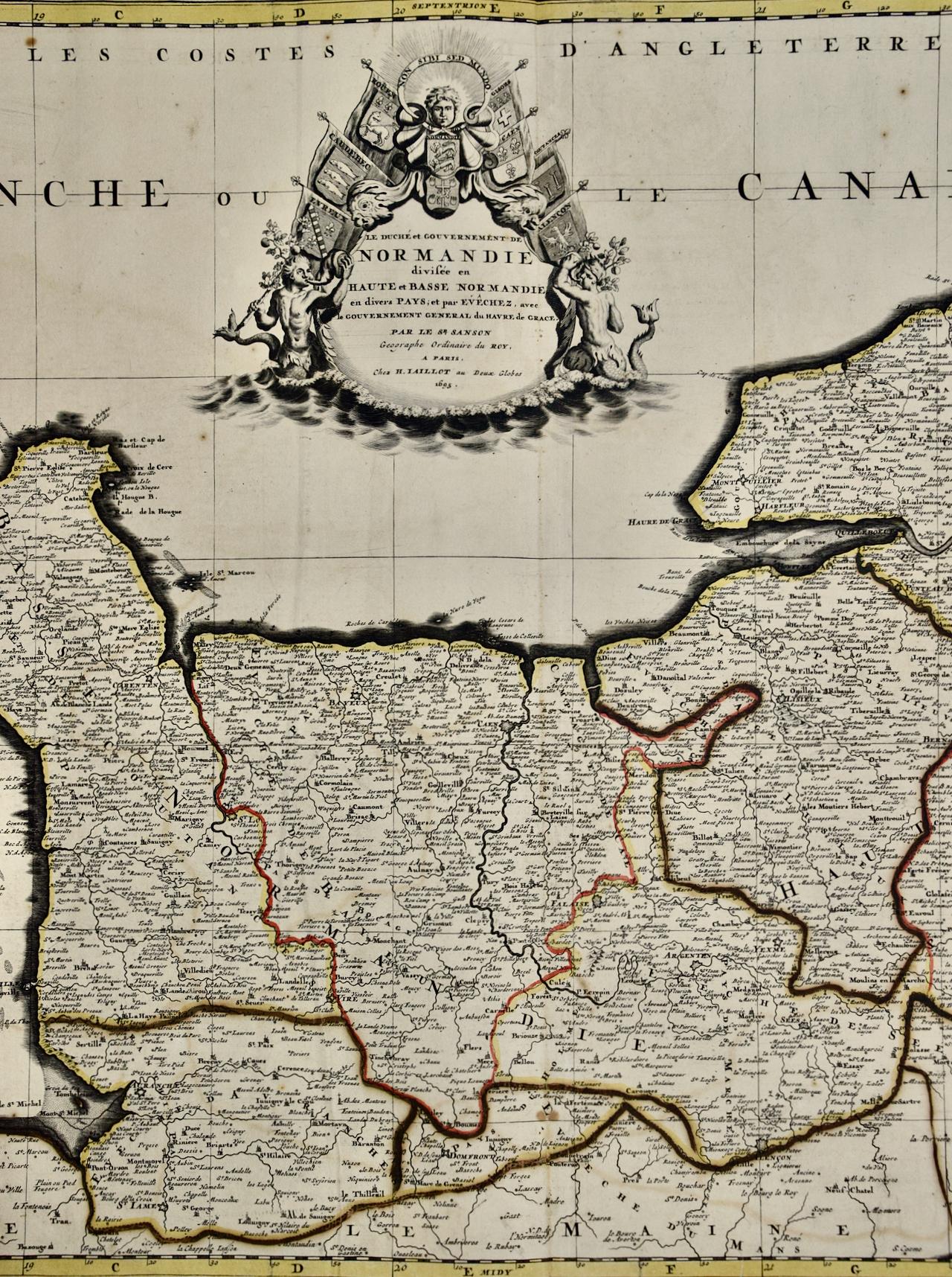 La région de Normandie en France : une carte du XVIIe siècle colorée à la main par Sanson et Jaillot Bon état - En vente à Alamo, CA