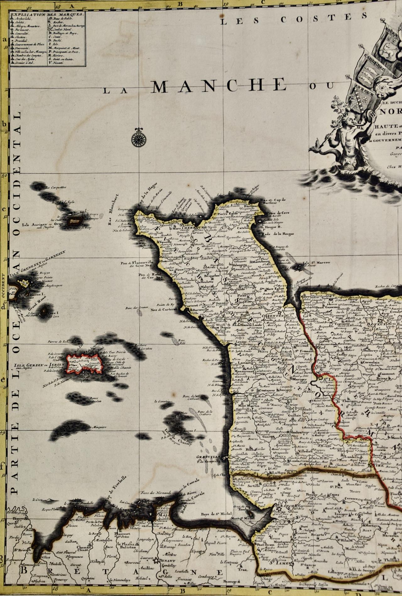 Fin du XVIIe siècle La région de Normandie en France : une carte du XVIIe siècle colorée à la main par Sanson et Jaillot en vente