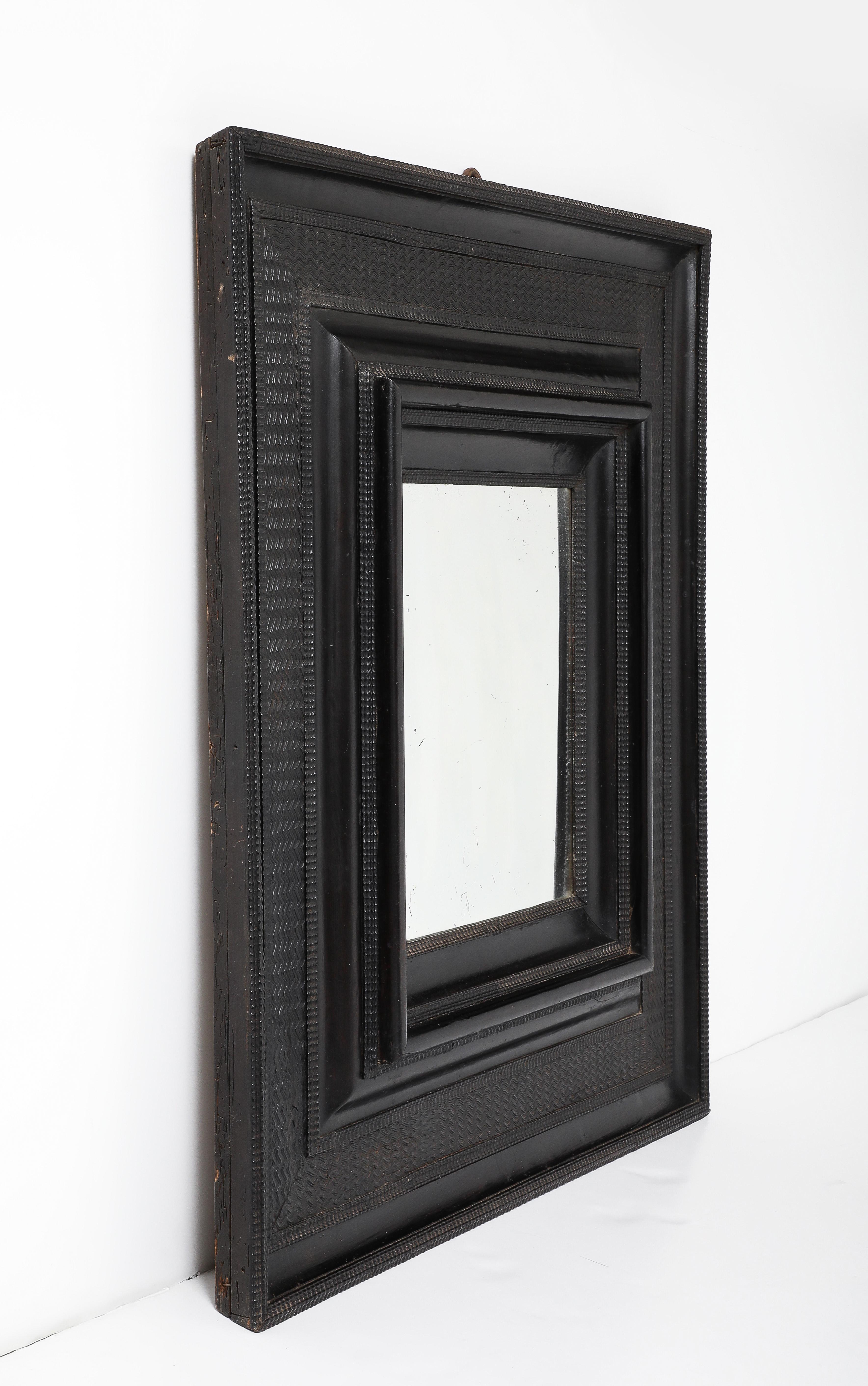 17th C. Italian Ebonized Fruitwood Mirror 19th C. Mercury Glass Interior Mirror For Sale 6