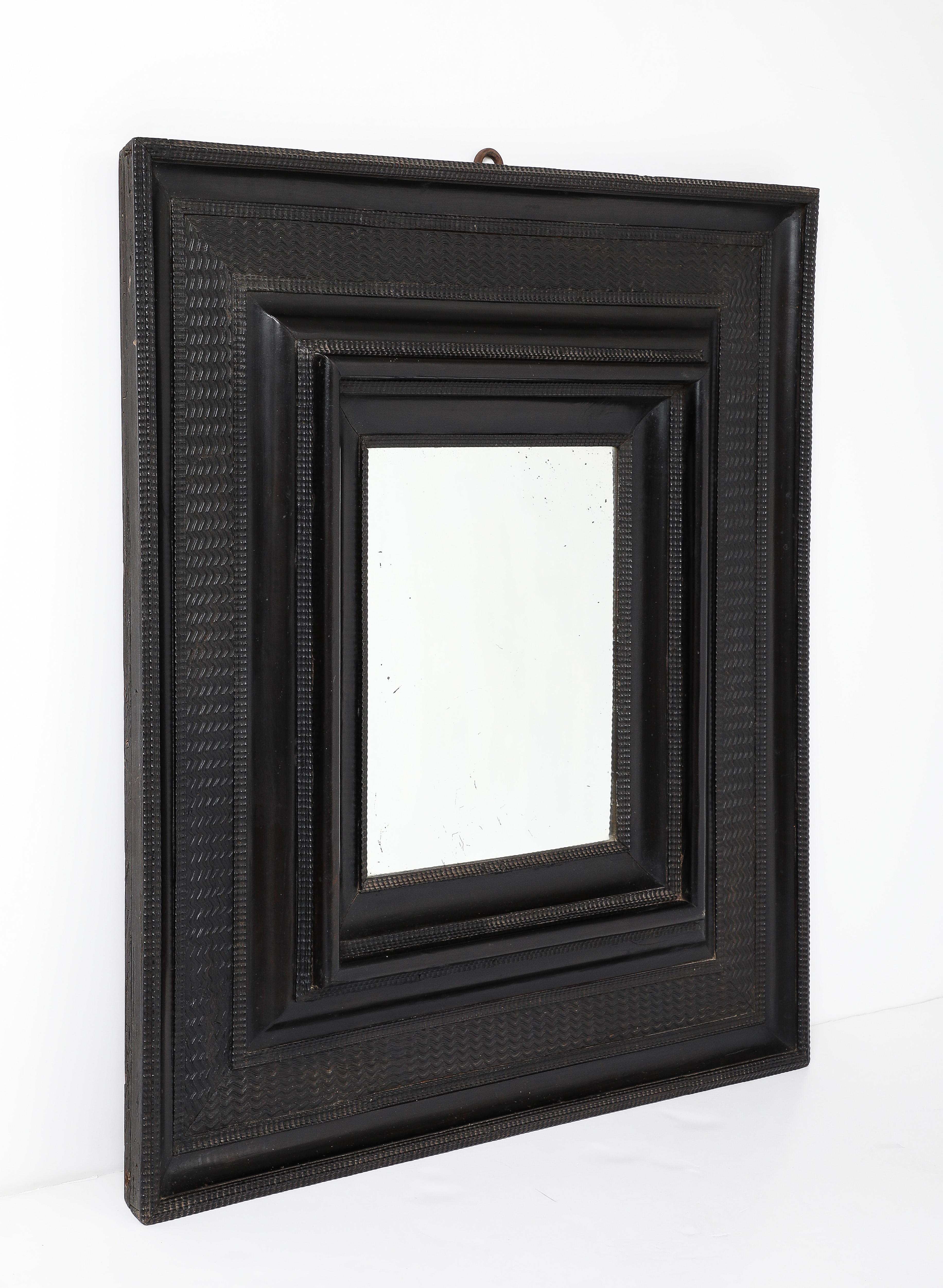 European 17th C. Italian Ebonized Fruitwood Mirror 19th C. Mercury Glass Interior Mirror For Sale