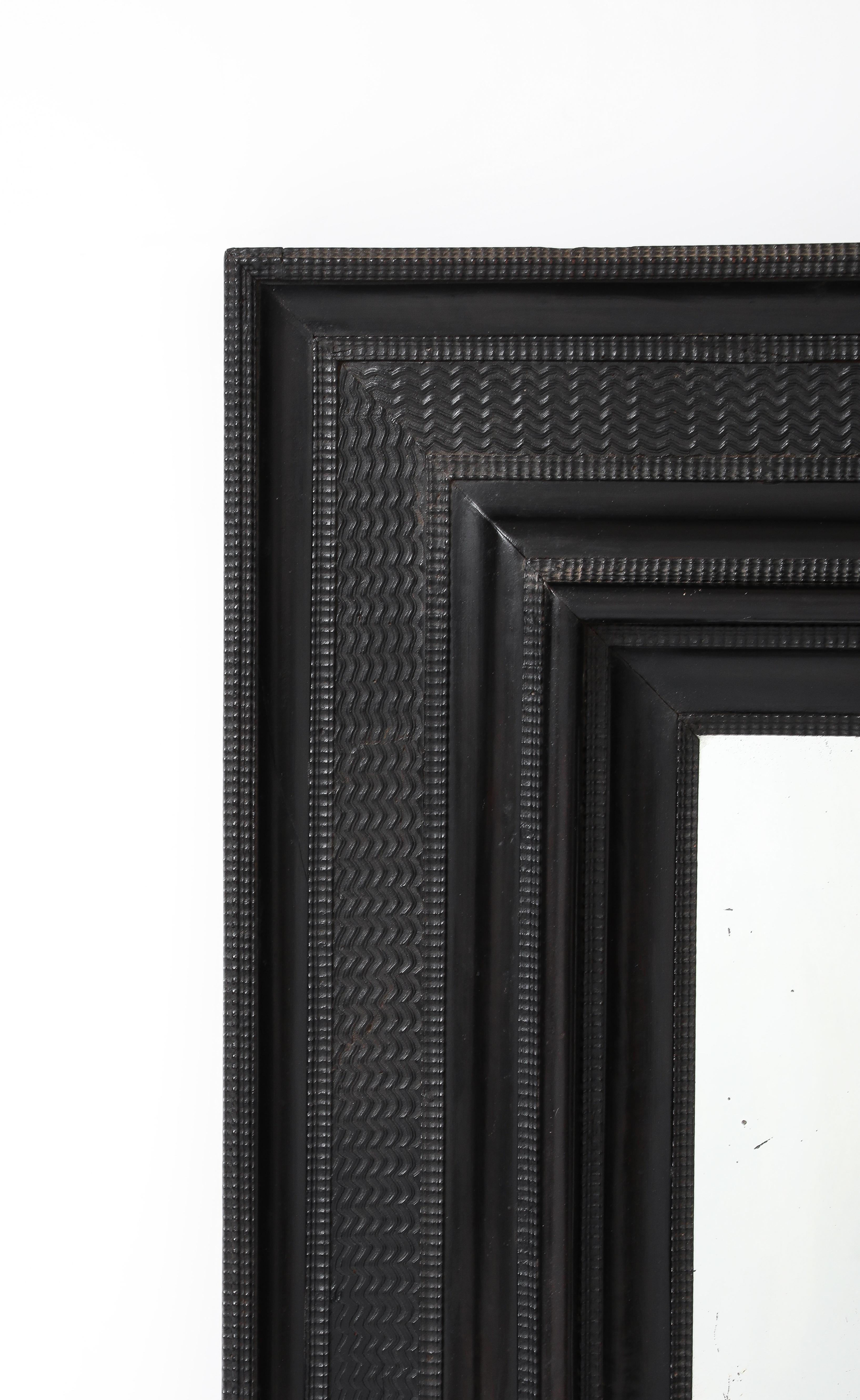 17th C. Italian Ebonized Fruitwood Mirror 19th C. Mercury Glass Interior Mirror For Sale 1