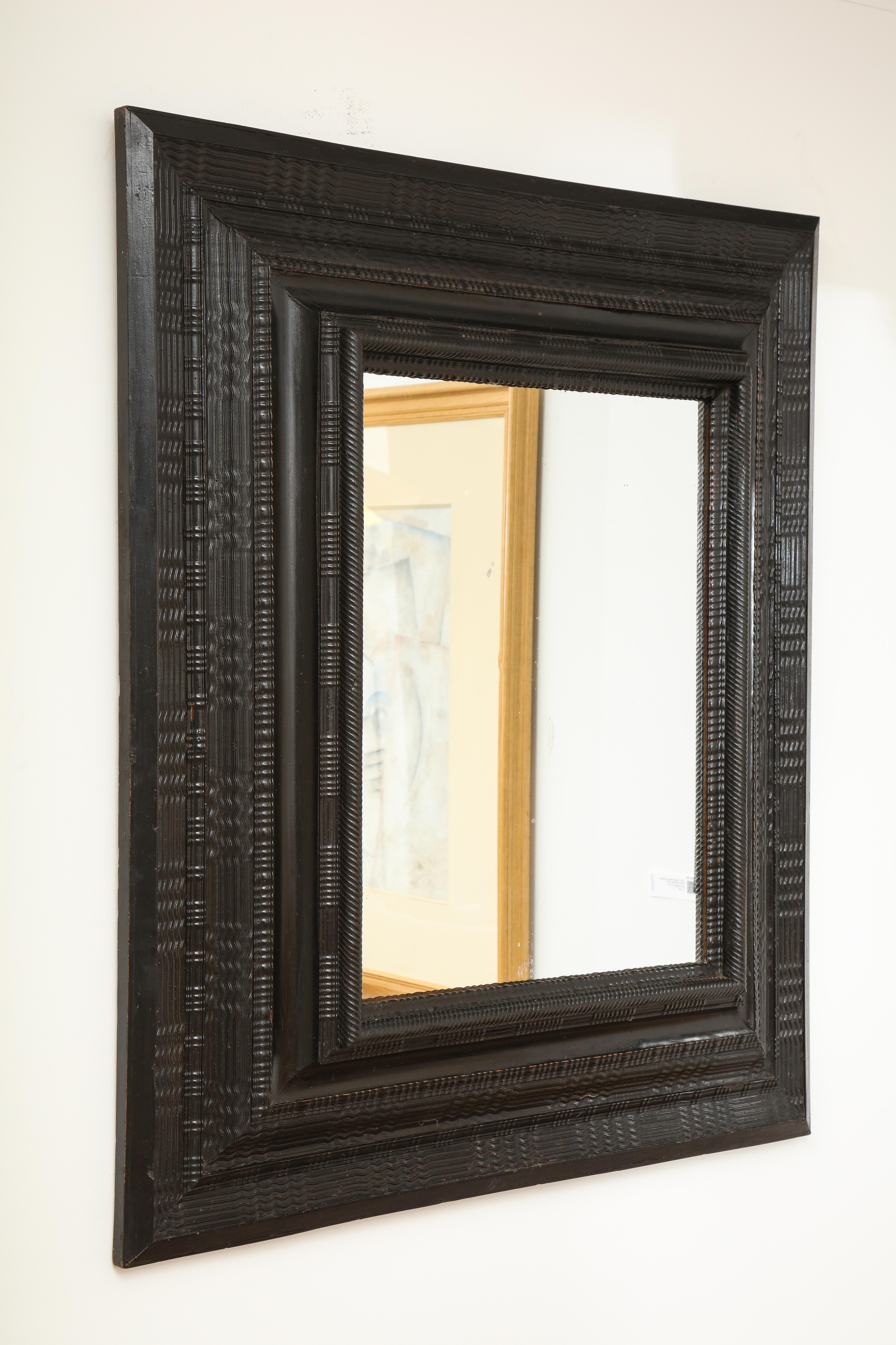 17th C. Italian Ebonized Walnut Mirror, Guilloché Hand Carved & Original Glass 2
