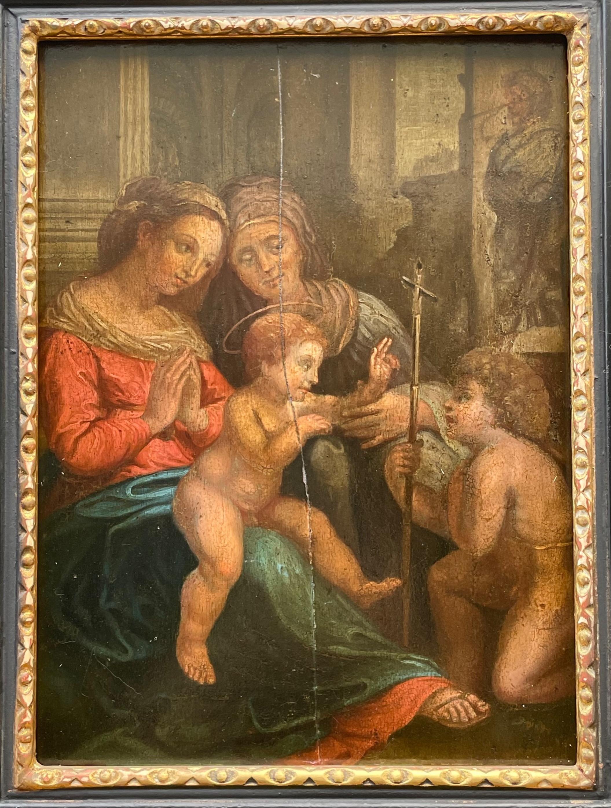 17th century Italian old master painting Madonna and Child with St. Anne and St. John the Baptist.

Important Tuscan School Old Master painting in oil on a hand shaved wood panel. It represents the iconic theme of the Virgin and St. Anne with