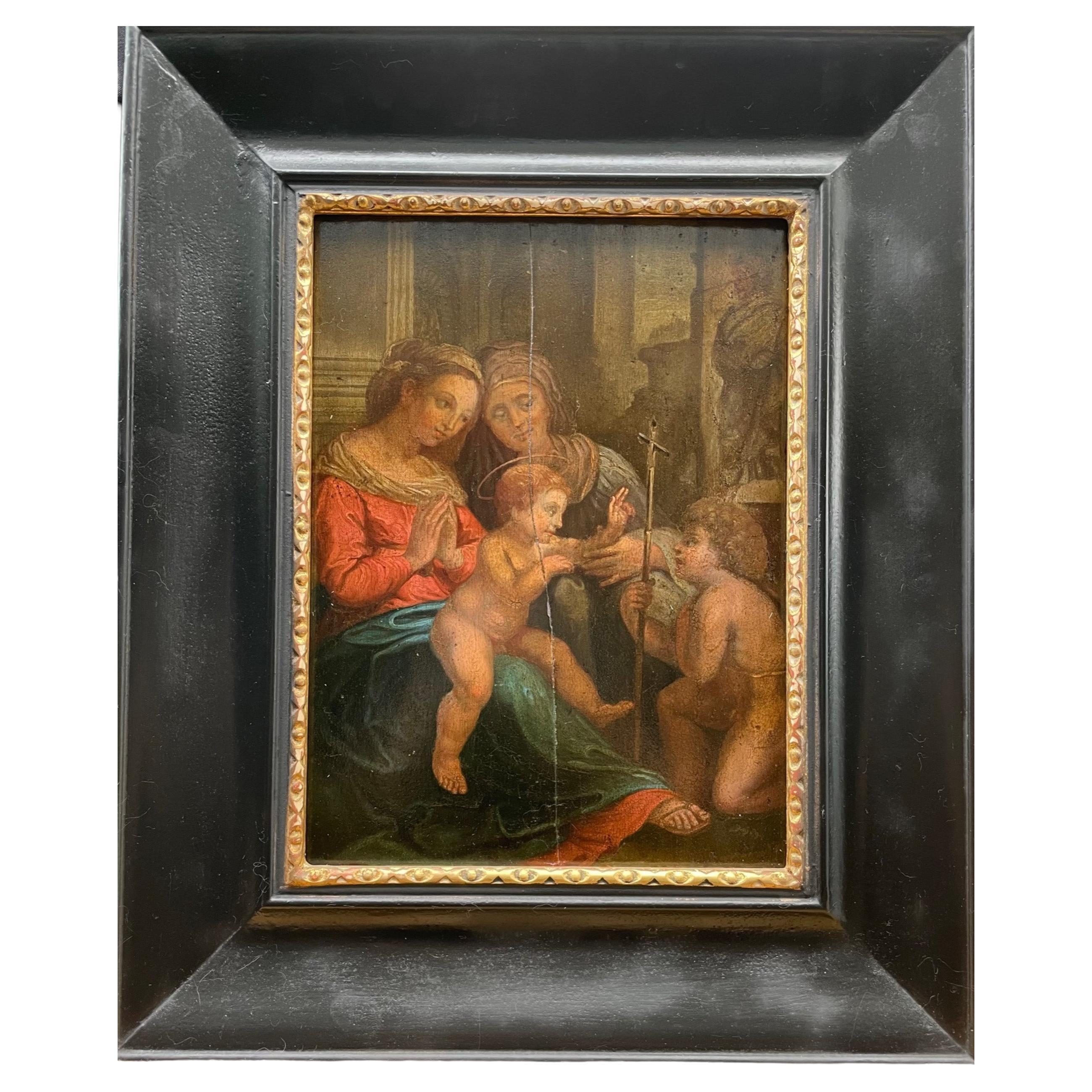 Peinture italienne du 17ème siècle de maître ancien Madone, enfant, Sainte Anne, Jean le Baptiste