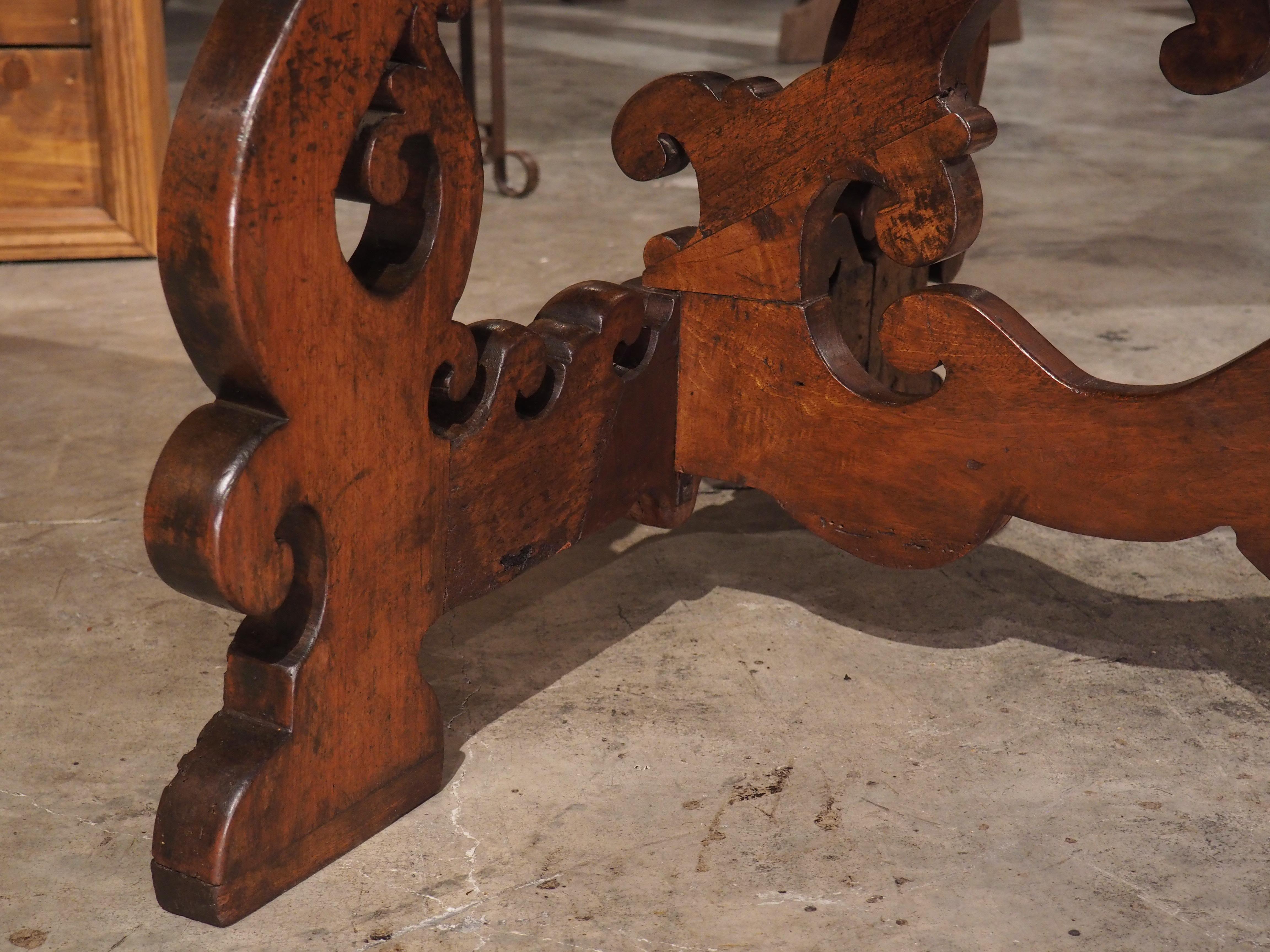 17th C. Italian Walnut Wood Table with Fretted Stretcher and Lyre Shaped Legs 3