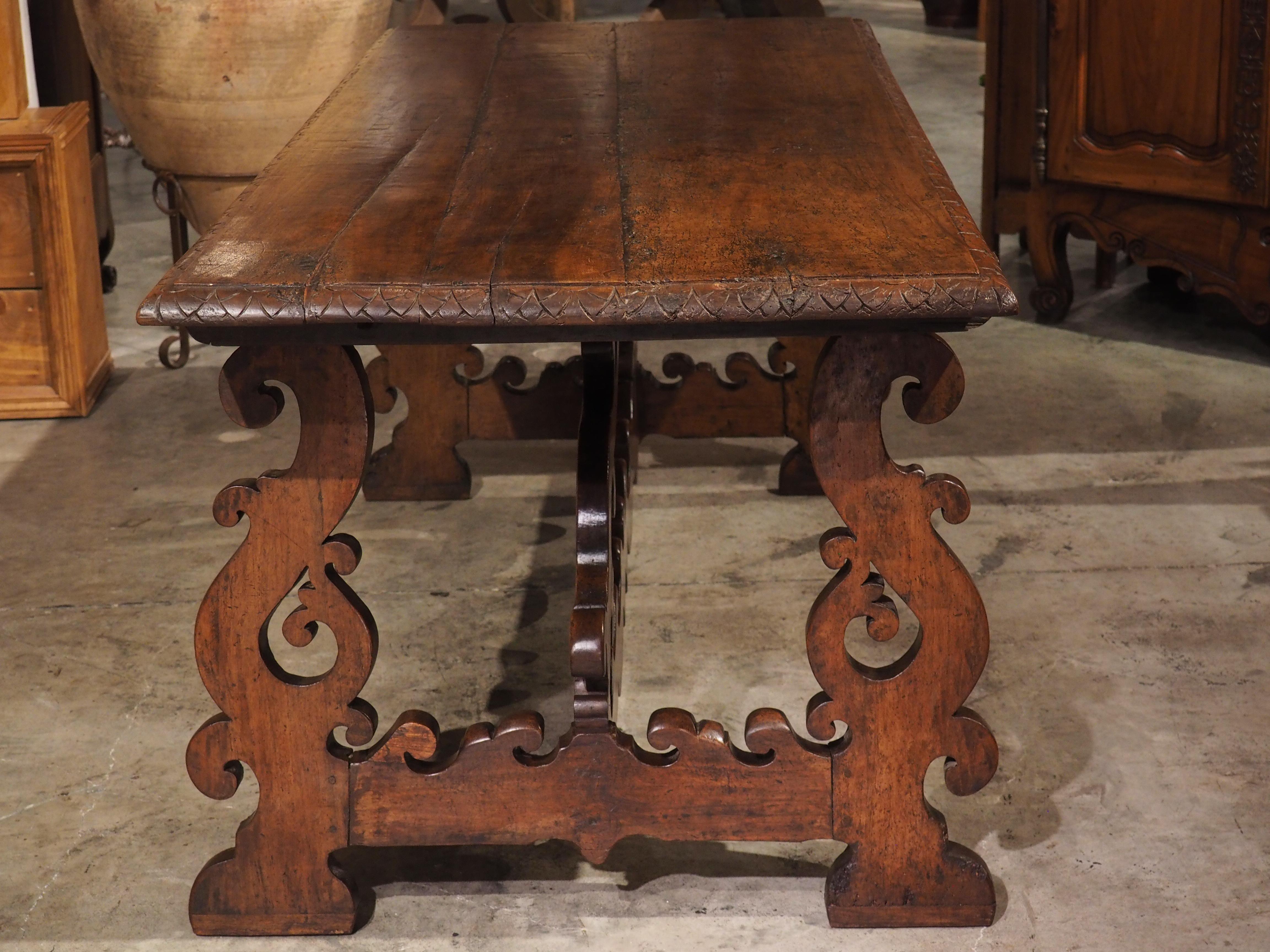 17th C. Italian Walnut Wood Table with Fretted Stretcher and Lyre Shaped Legs 4