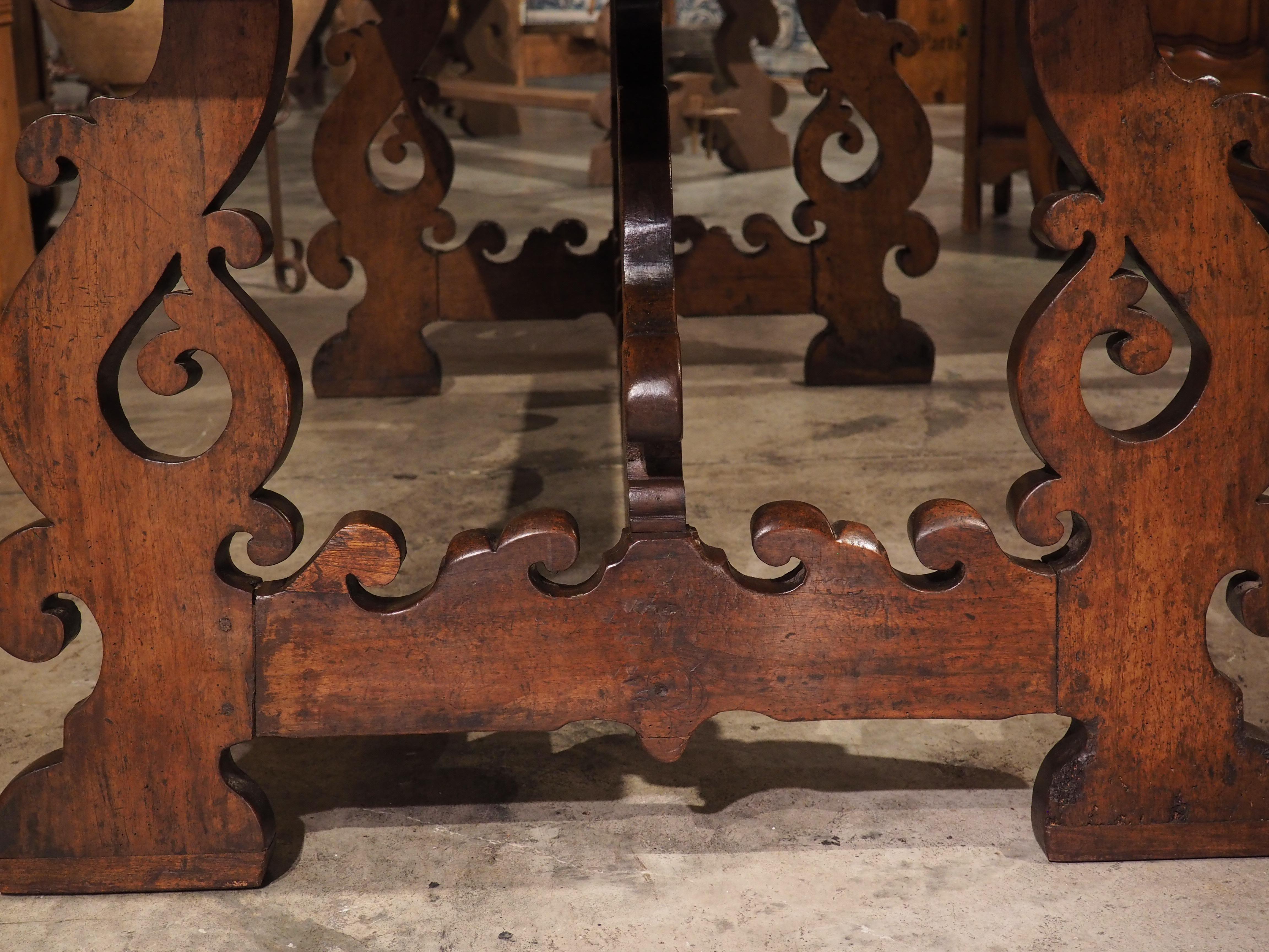 17th C. Italian Walnut Wood Table with Fretted Stretcher and Lyre Shaped Legs 6