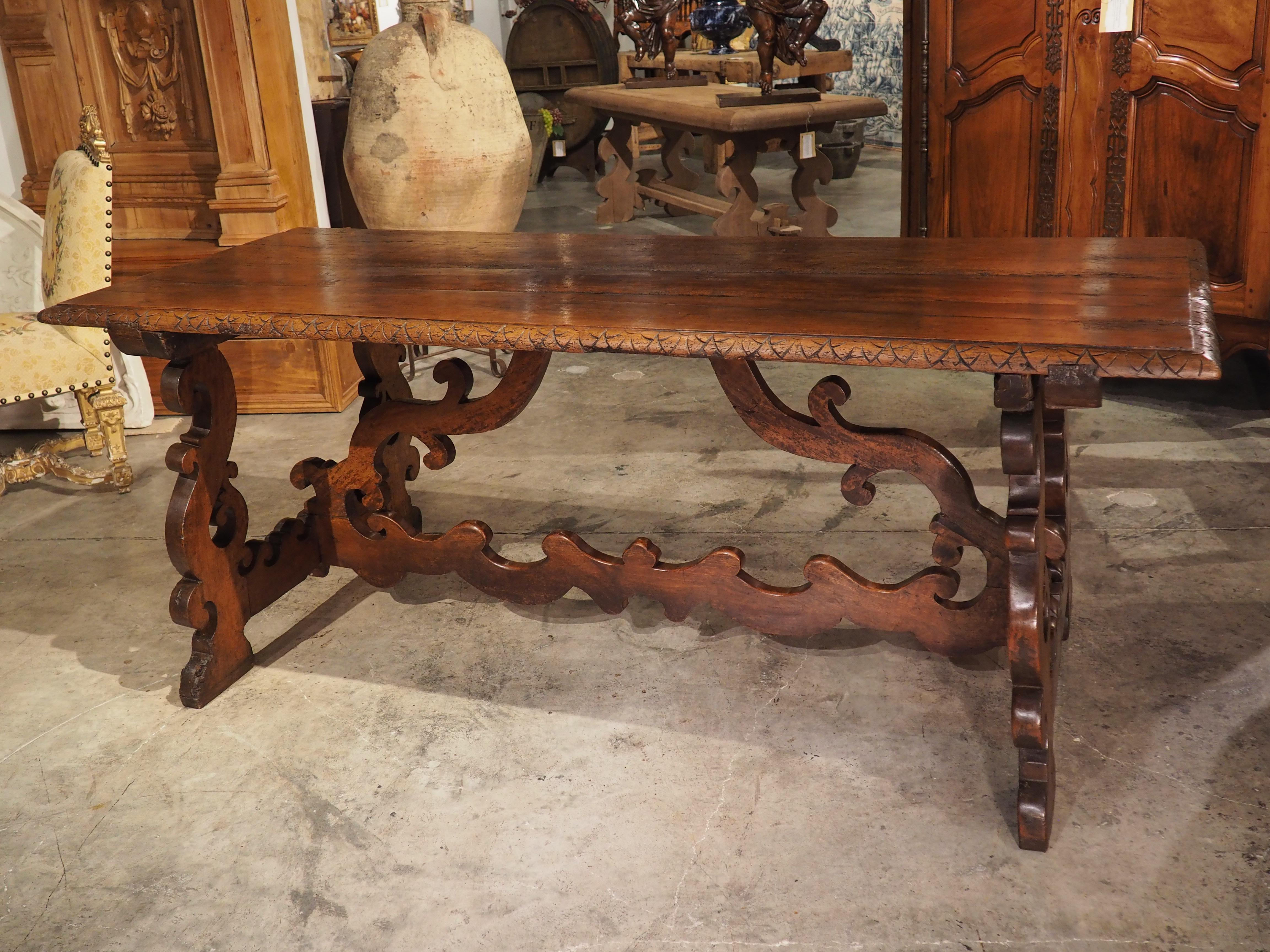 17th C. Italian Walnut Wood Table with Fretted Stretcher and Lyre Shaped Legs 9