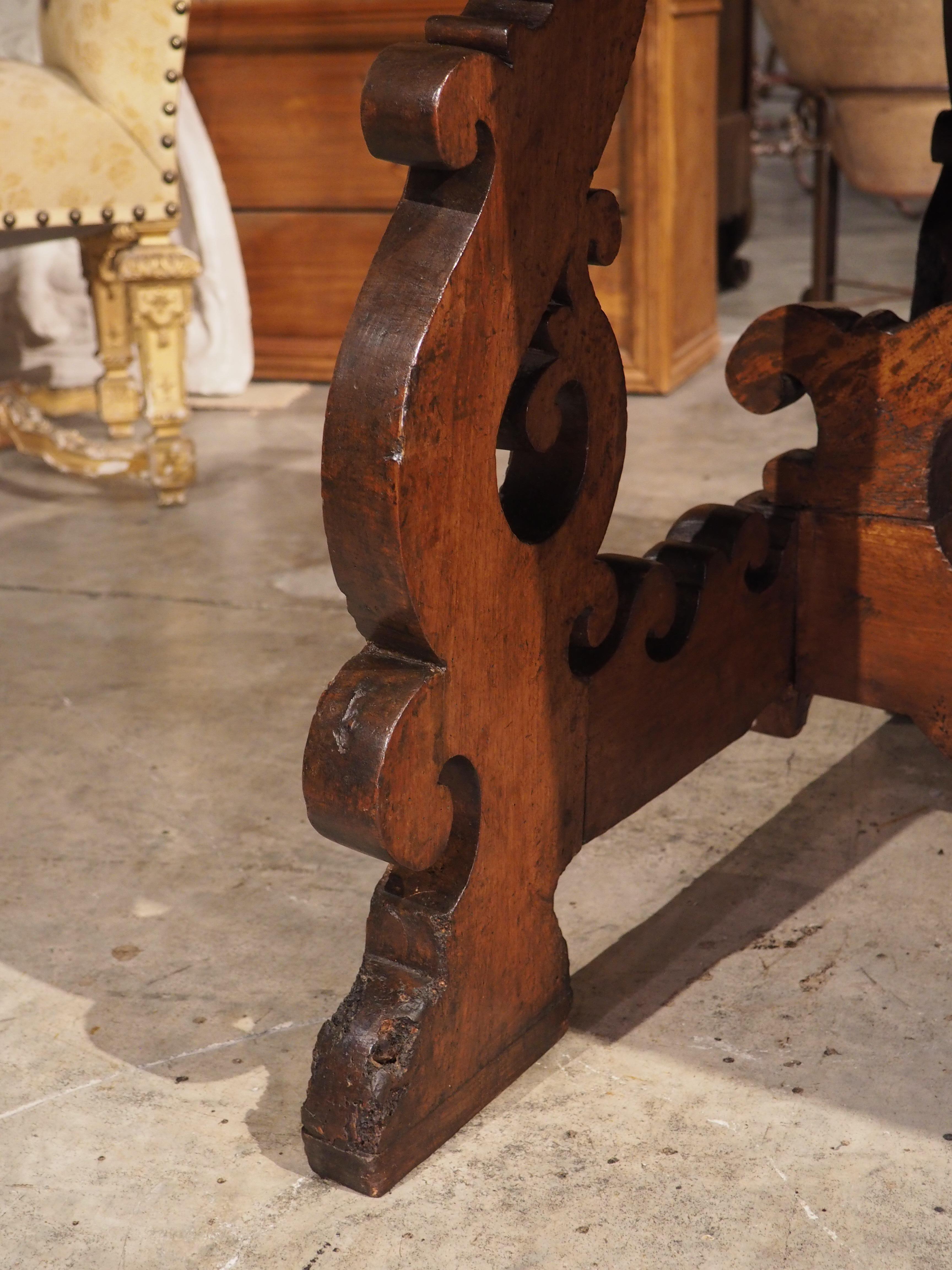 17th C. Italian Walnut Wood Table with Fretted Stretcher and Lyre Shaped Legs 10