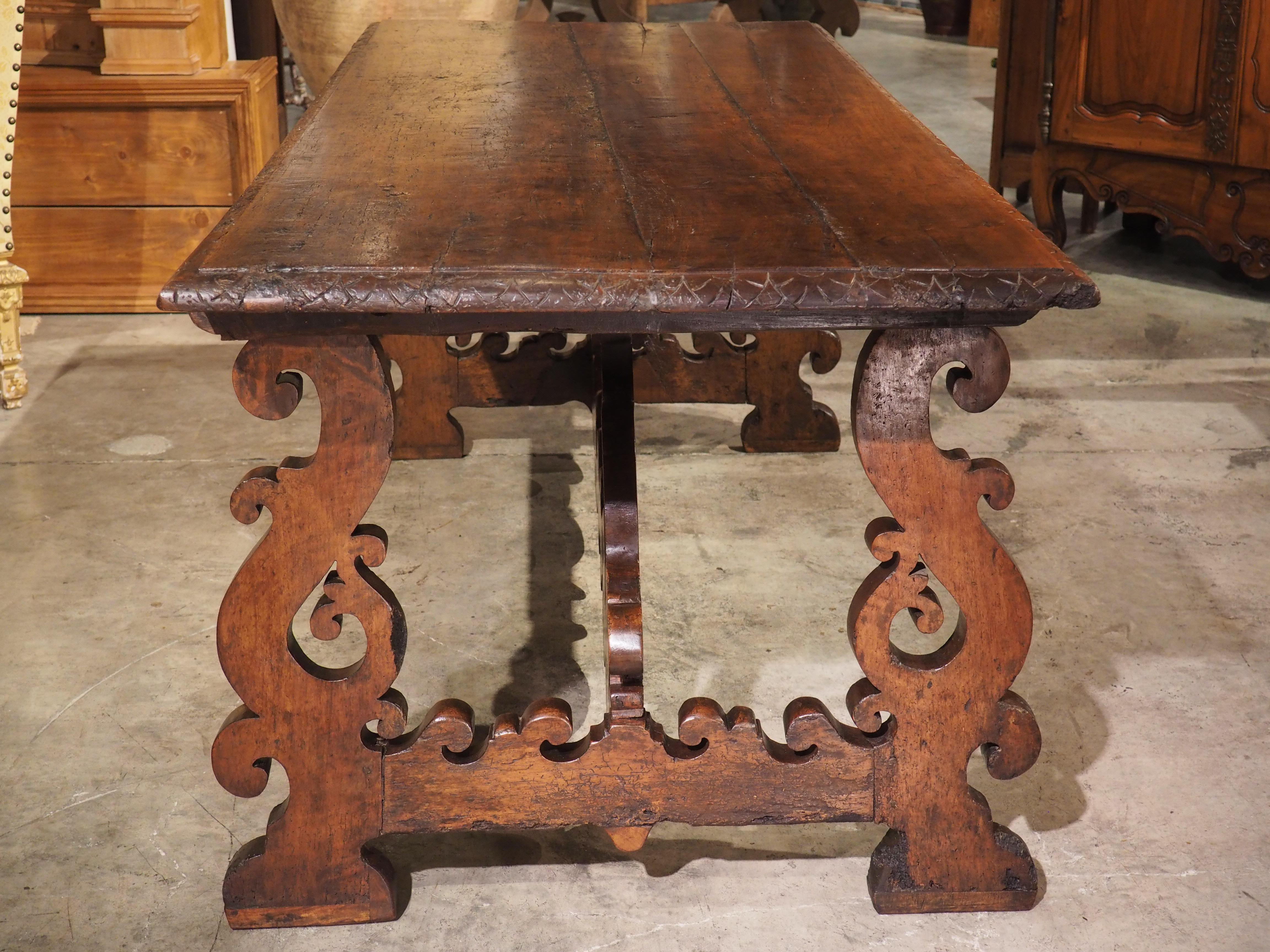 17th C. Italian Walnut Wood Table with Fretted Stretcher and Lyre Shaped Legs 11