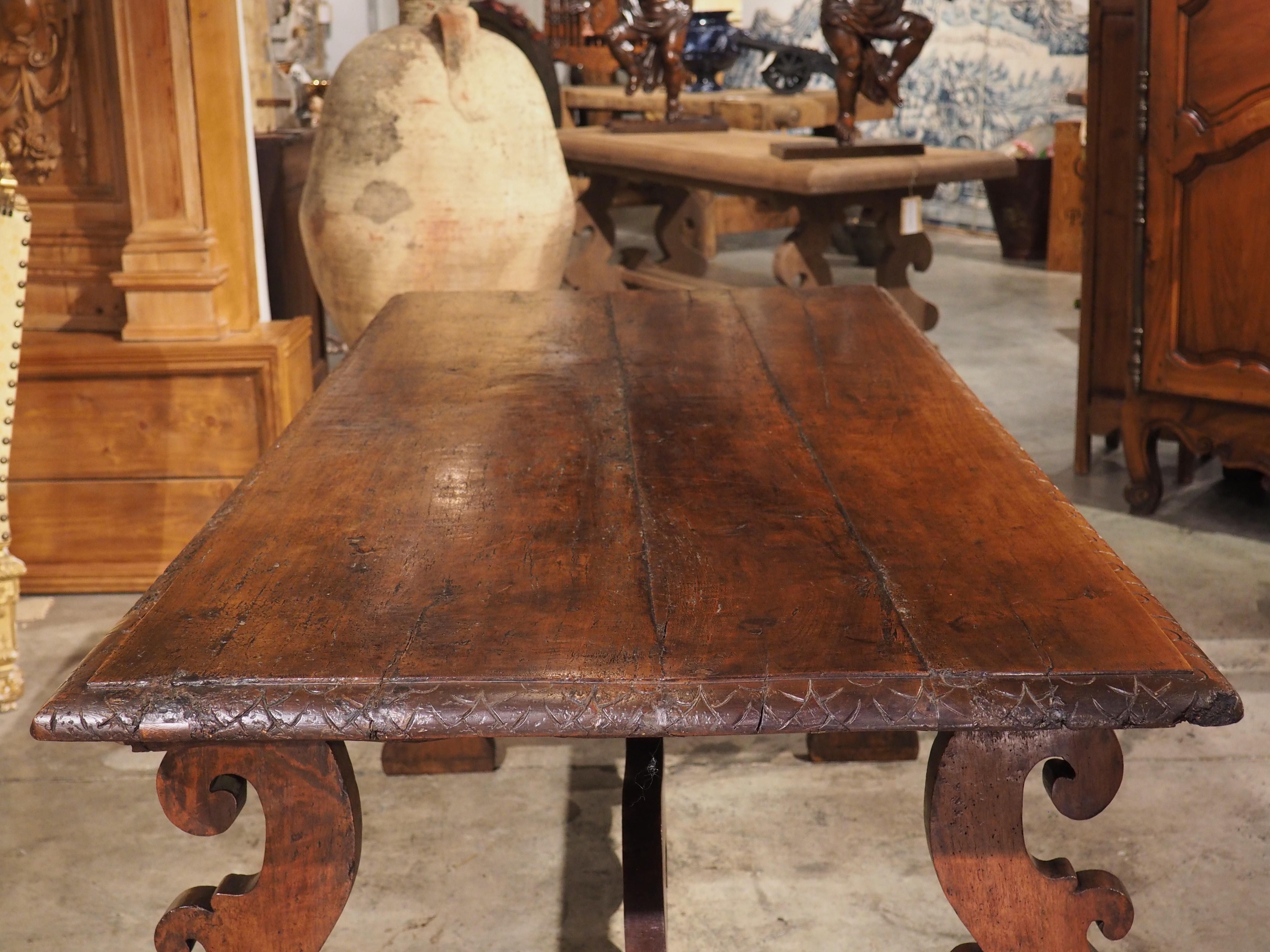 17th C. Italian Walnut Wood Table with Fretted Stretcher and Lyre Shaped Legs 12