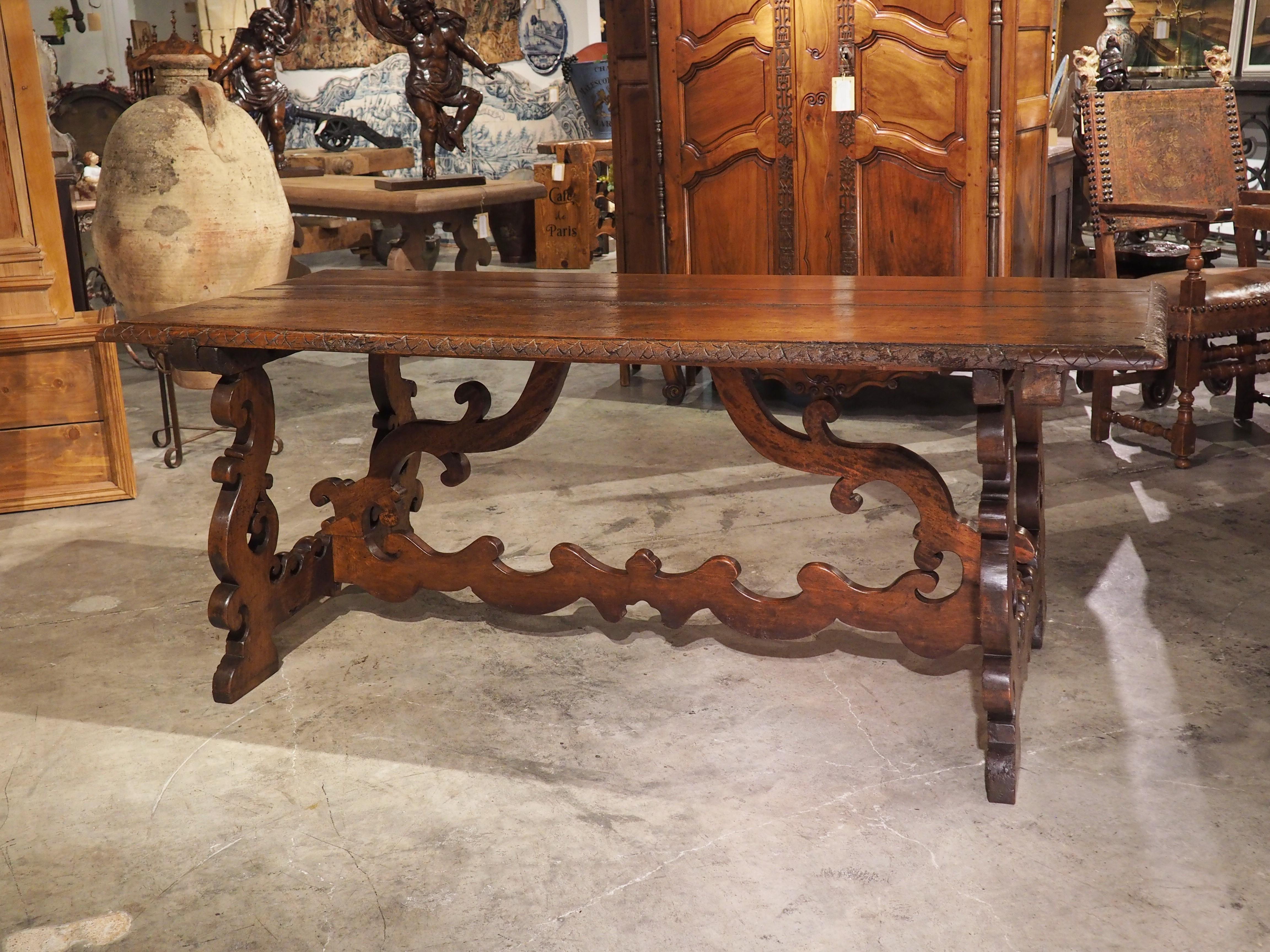 17th C. Italian Walnut Wood Table with Fretted Stretcher and Lyre Shaped Legs In Good Condition In Dallas, TX