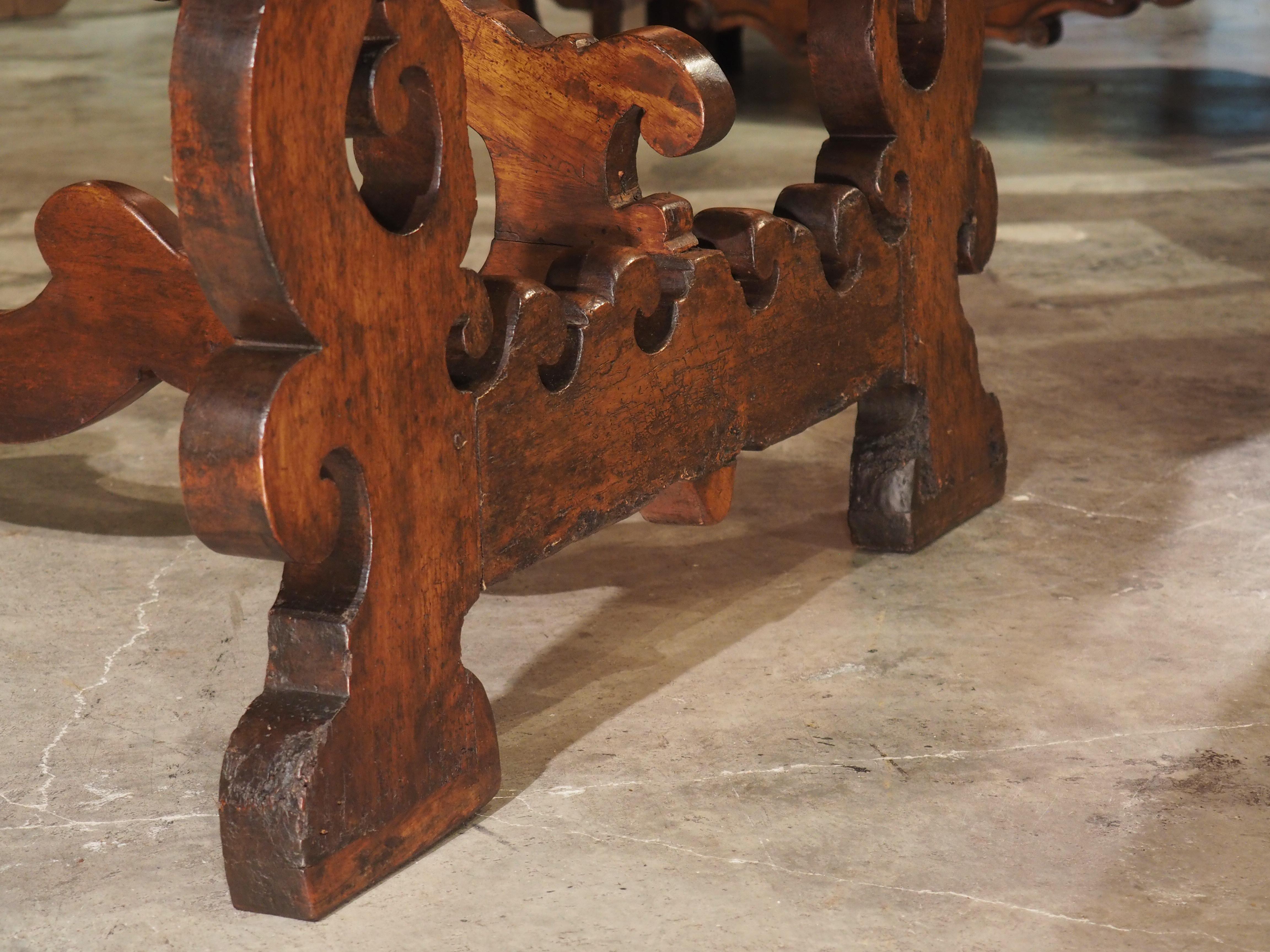 18th Century and Earlier 17th C. Italian Walnut Wood Table with Fretted Stretcher and Lyre Shaped Legs