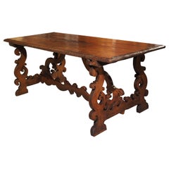 17th C. Italian Walnut Wood Table with Fretted Stretcher and Lyre Shaped Legs