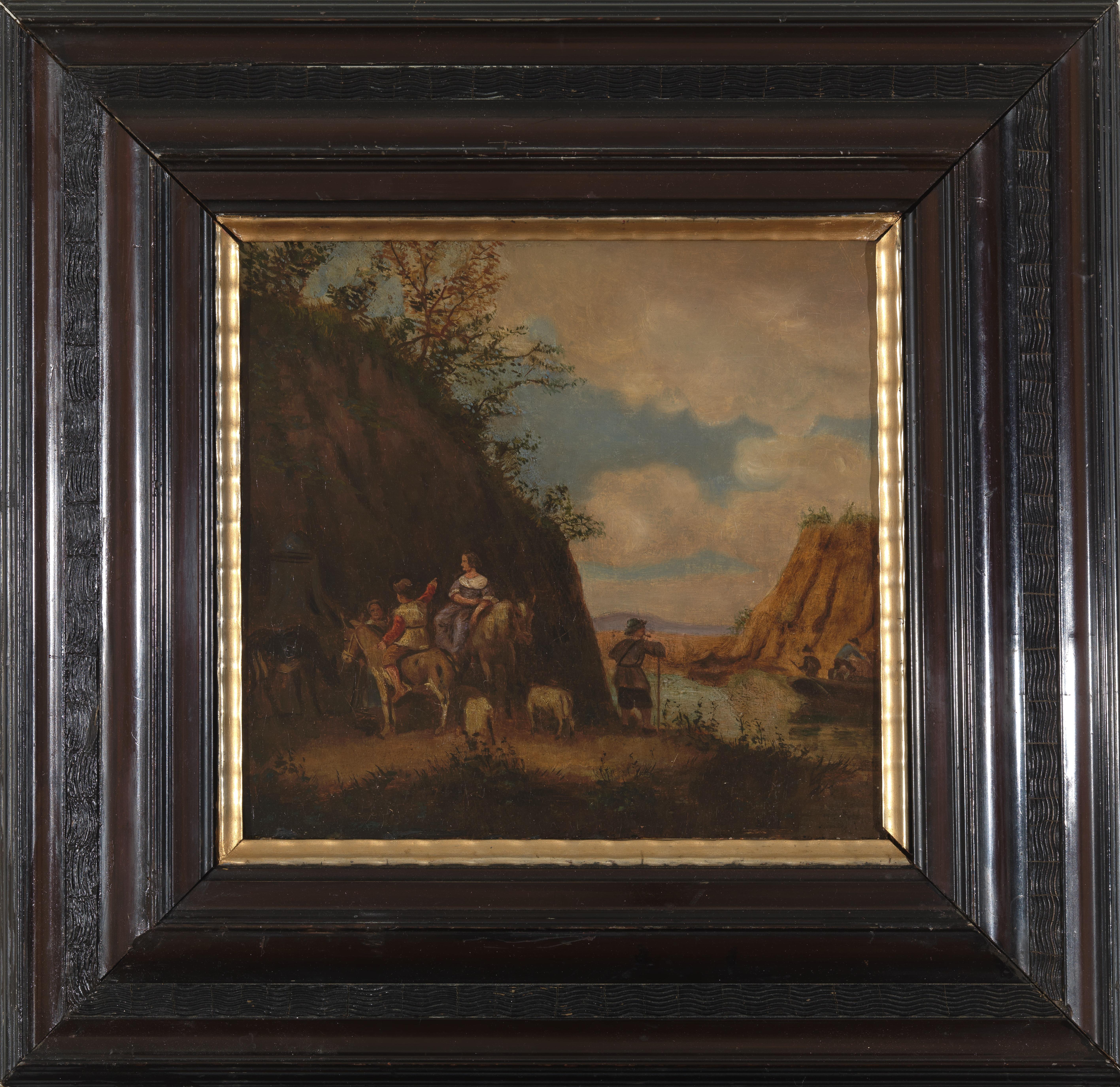 Hand-Painted 17th C Landscape Painting with Staffage, Noblewoman with Squire, Oil on Copper. For Sale