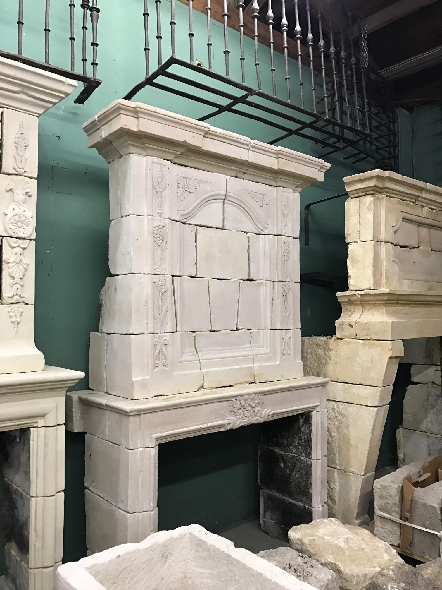 French 17th C Louis XIV Hand Carved Stone Chateau Fireplace Mantle surround Los Angeles For Sale