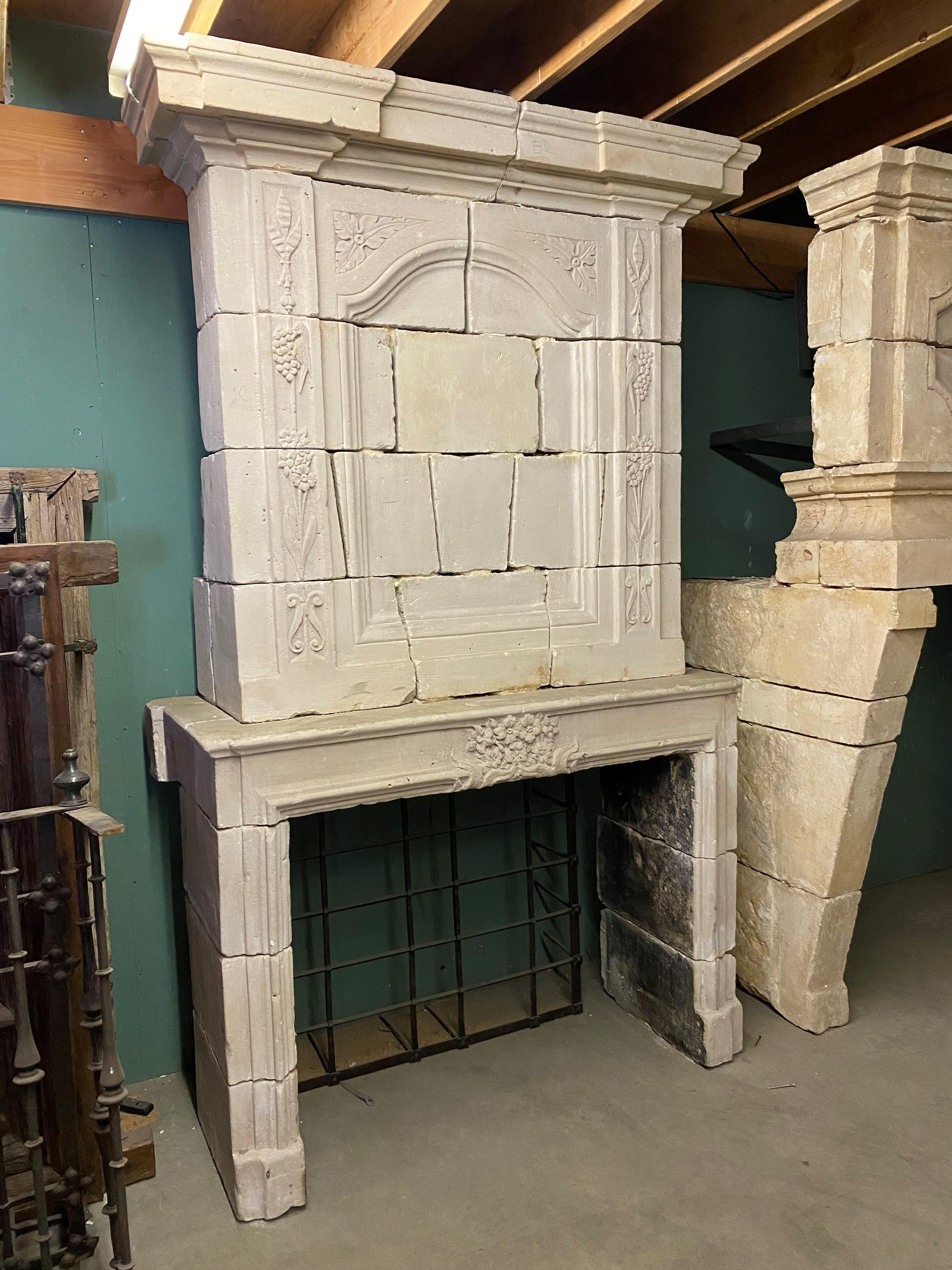 17th C Louis XIV Hand Carved Stone Chateau Fireplace Mantle surround Los Angeles In Good Condition For Sale In West Hollywood, CA