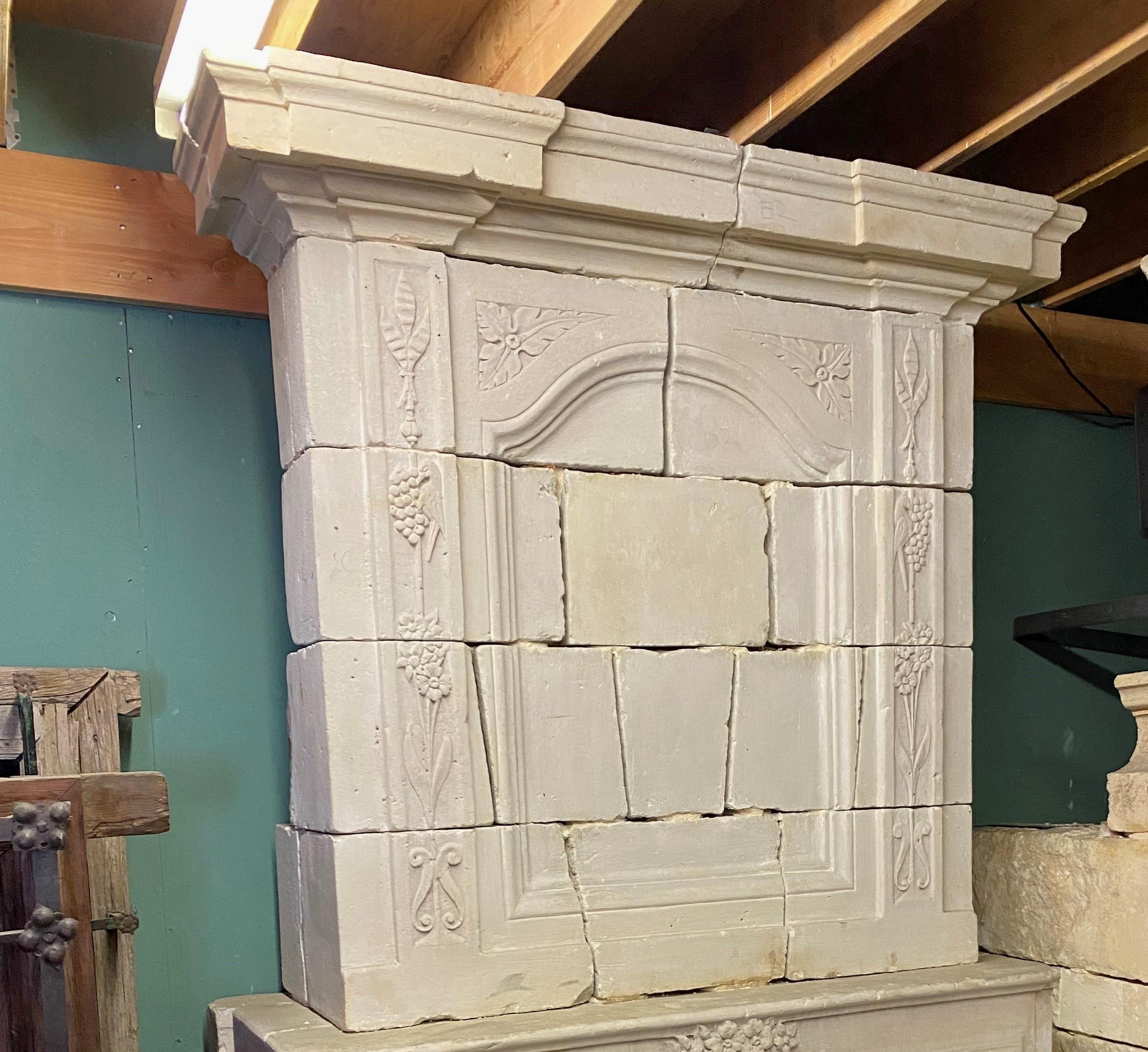 18th Century and Earlier 17th C Louis XIV Hand Carved Stone Chateau Fireplace Mantle surround Los Angeles For Sale