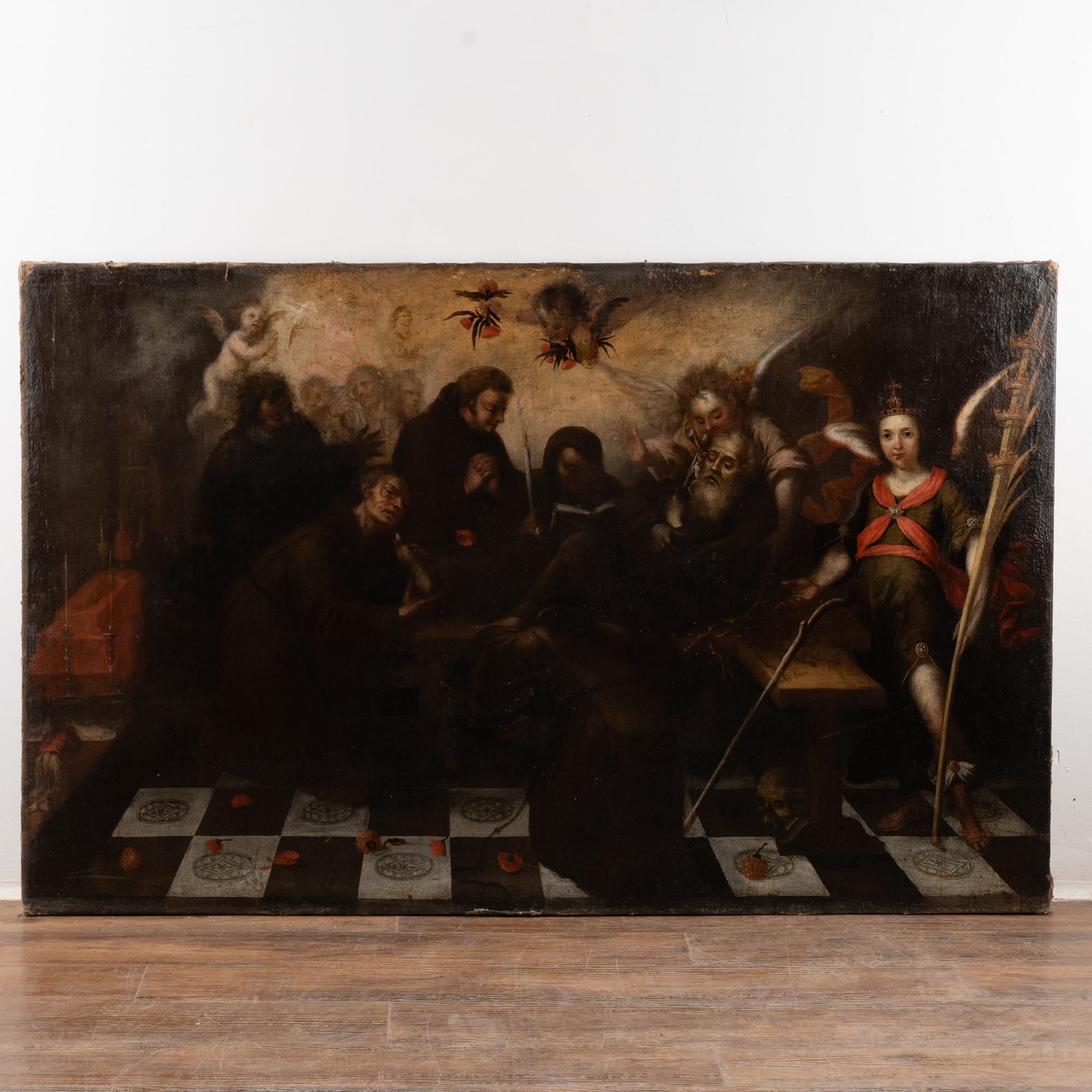 17th Century large baroque painting of the passing and last communion of Saint Jerome. Representation of the dying holy man, attended by angels and surrounded by his disciples while the skull on floor is an attribute of the saint. Standing next to