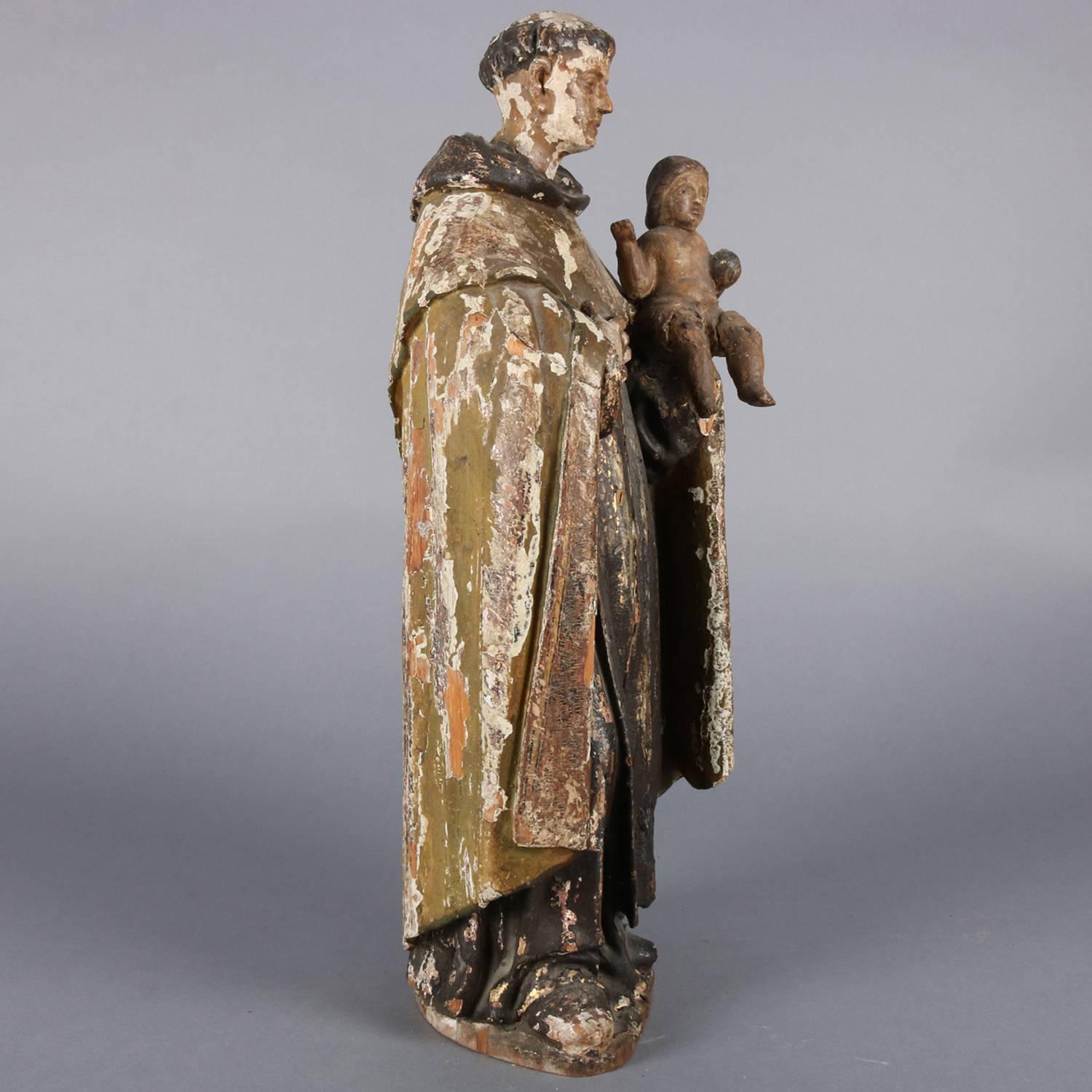 Hand-Carved Polychromed Carved Hand Santos Figure of Saint Anthony with Christ Child