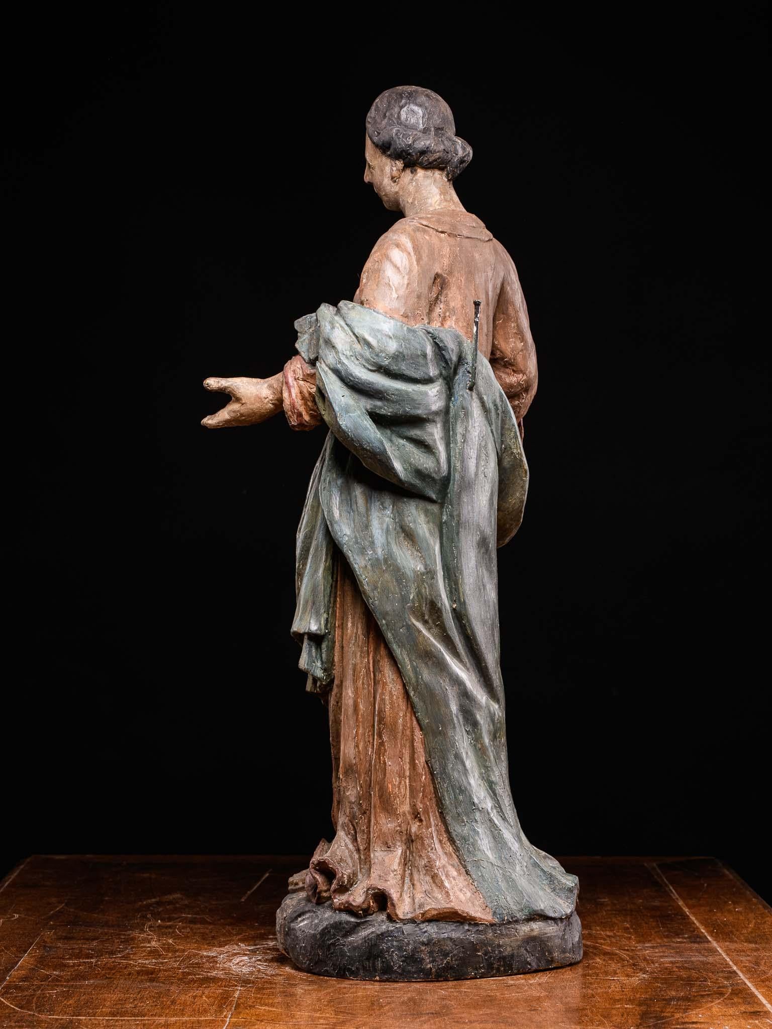 Hand-Carved 17th C Polychromed Fruitwood Carved Statue Depicting Madonna, France For Sale