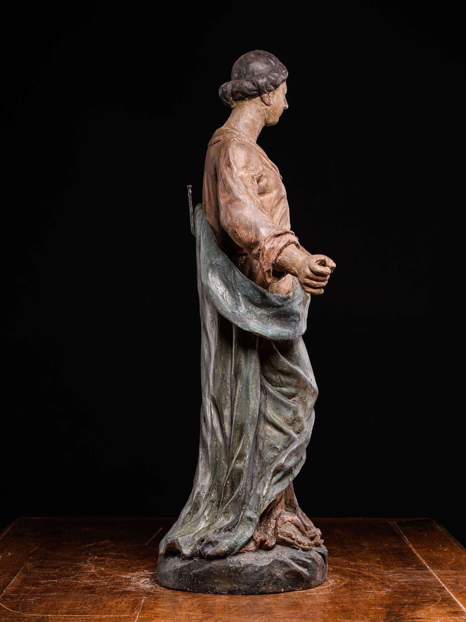Wood 17th C Polychromed Fruitwood Carved Statue Depicting Madonna, France For Sale