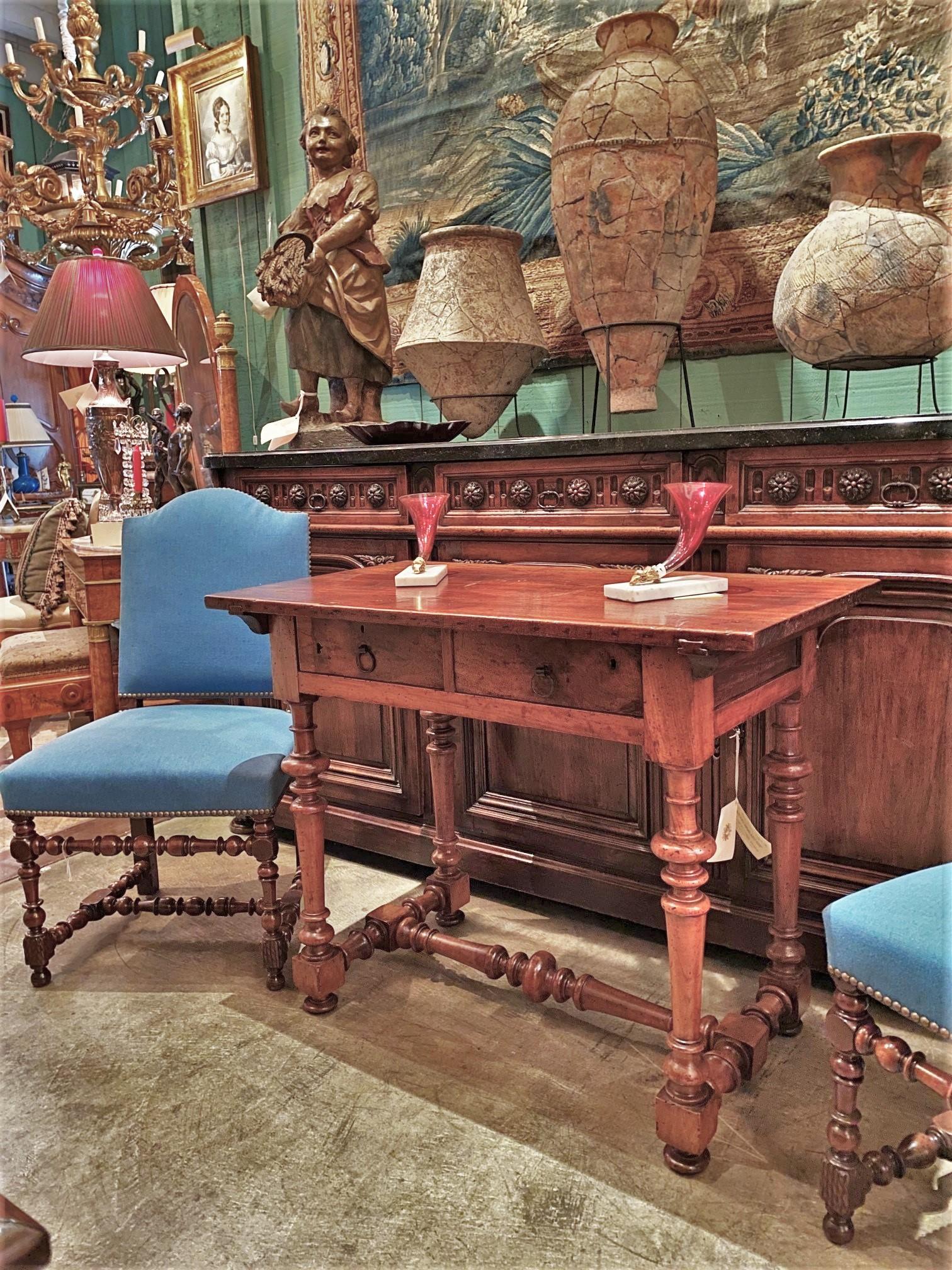 Polished 17th C. Provencal Hand Carved Antique Side Table Walnut Desk Drawers Farm LA CA For Sale
