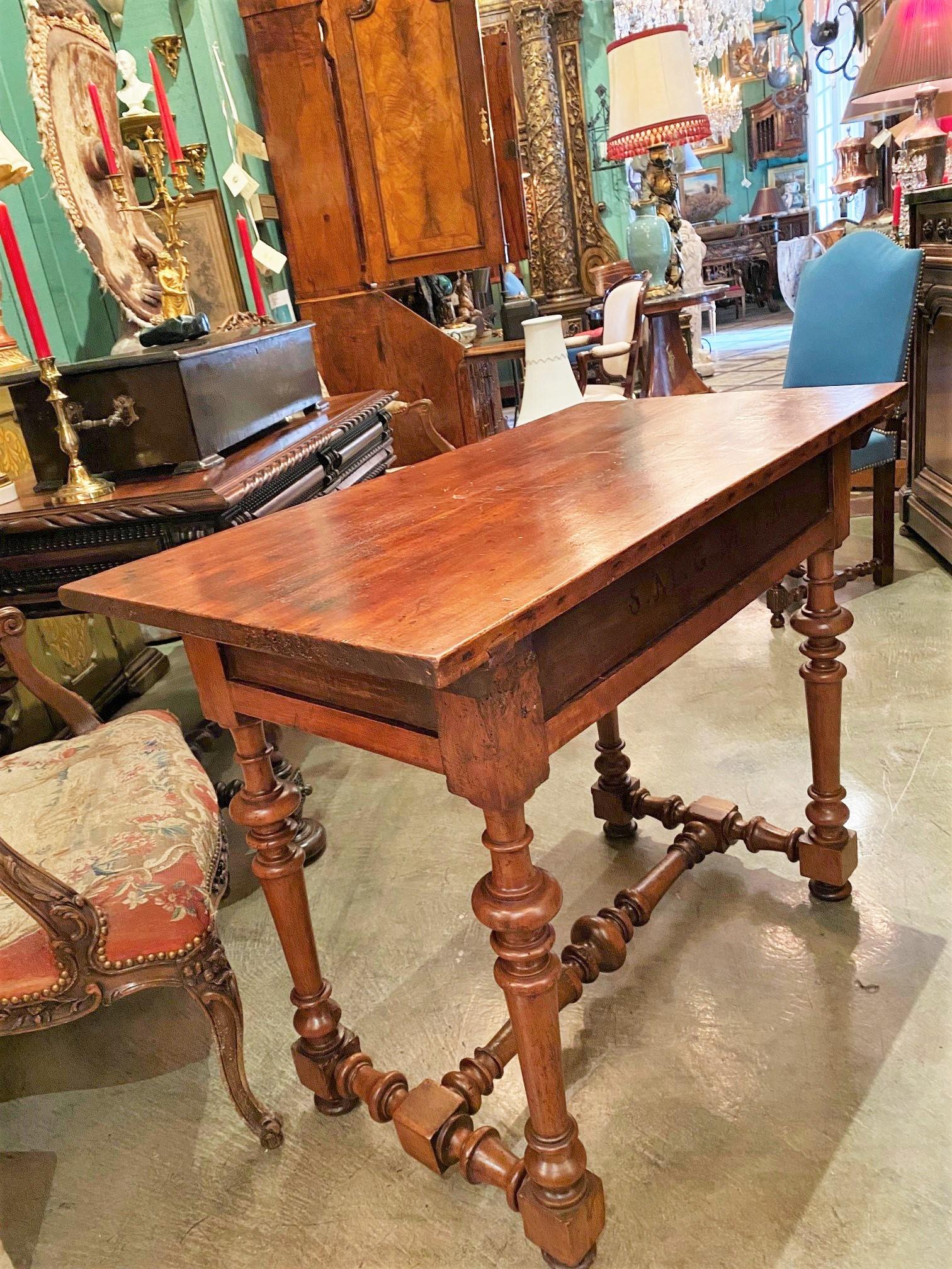 Metal 17th C. Provencal Hand Carved Antique Side Table Walnut Desk Drawers Farm LA CA For Sale