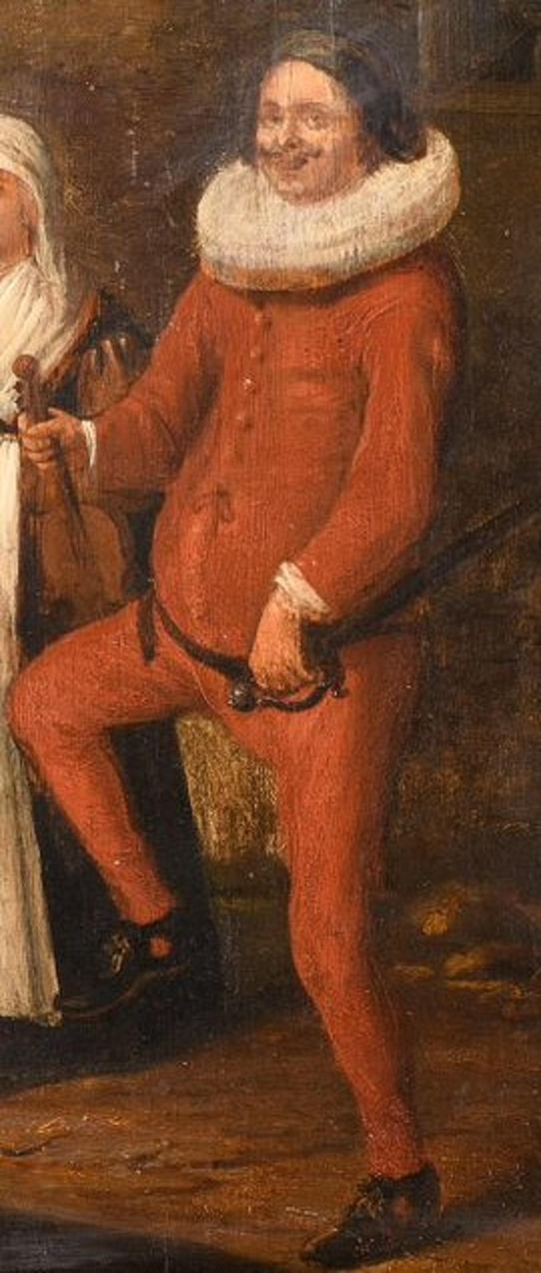 17th C representation of a peasants couple ,the man partly dressed up as a nobleman.Flemish school,Oil on panel.
Oil on panel, 22.7 x 34 cm. The woman is wearing the commoners outfit of the early 17th C.