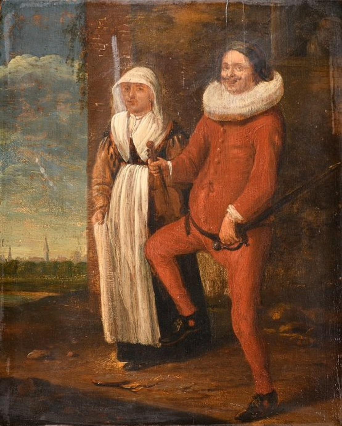 Belgian 17th C representation of a peasants couple, the man partly dressed up as a noble For Sale