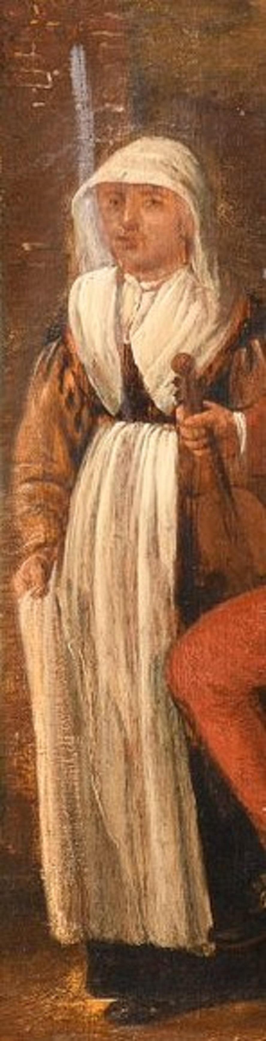 Hand-Painted 17th C representation of a peasants couple, the man partly dressed up as a noble For Sale