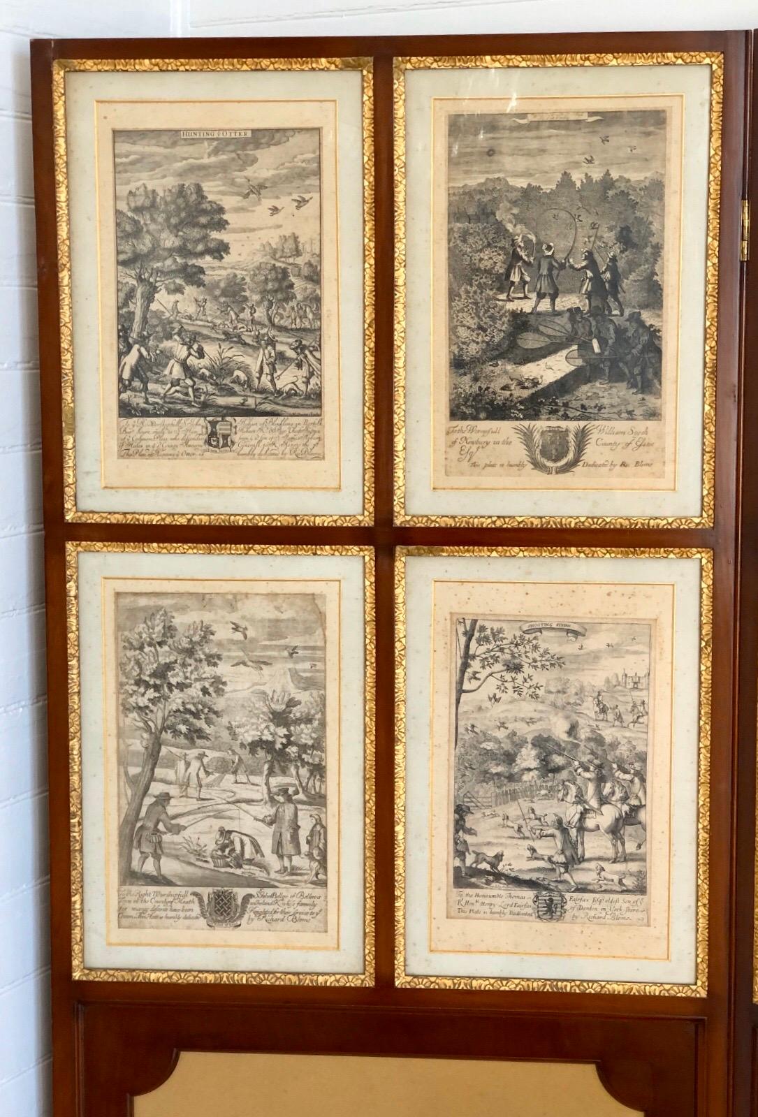 English Set of 24 Engravings by Richard Blome Framed in Pair of Regency Screens For Sale