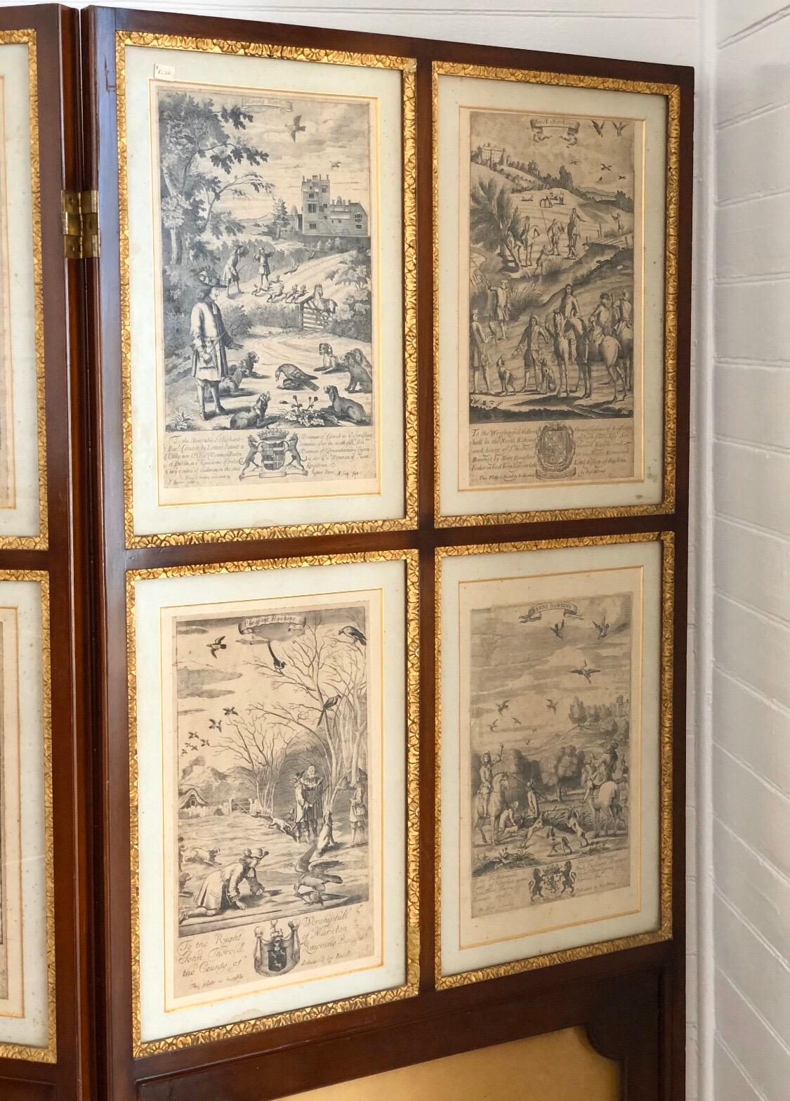 Set of 24 Engravings by Richard Blome Framed in Pair of Regency Screens In Good Condition For Sale In Charleston, SC