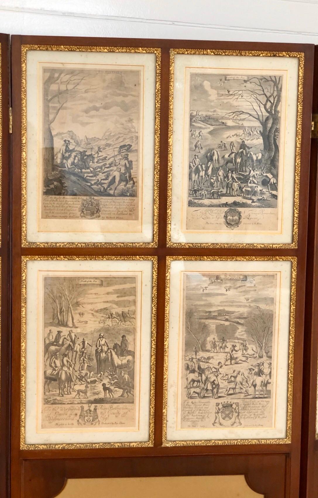 Upholstery Set of 24 Engravings by Richard Blome Framed in Pair of Regency Screens For Sale