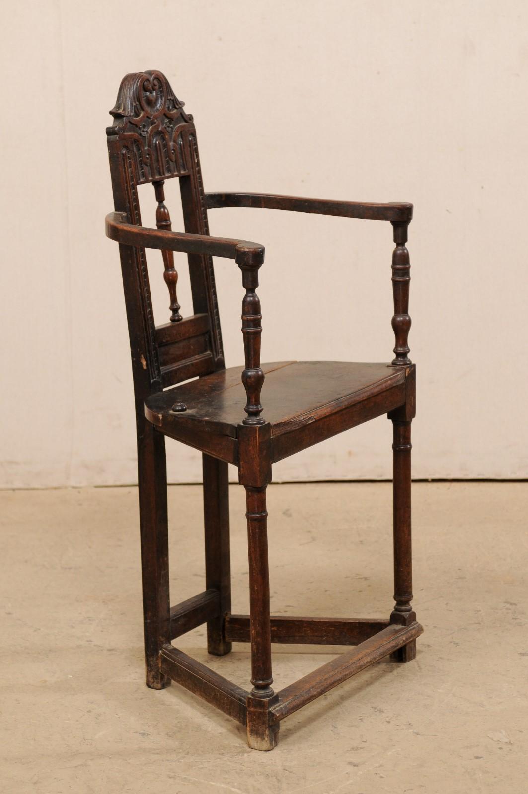 18th Century and Earlier 17th Century Spanish Carved Wood Armchair, Rectangular-Shape for a Room Corner