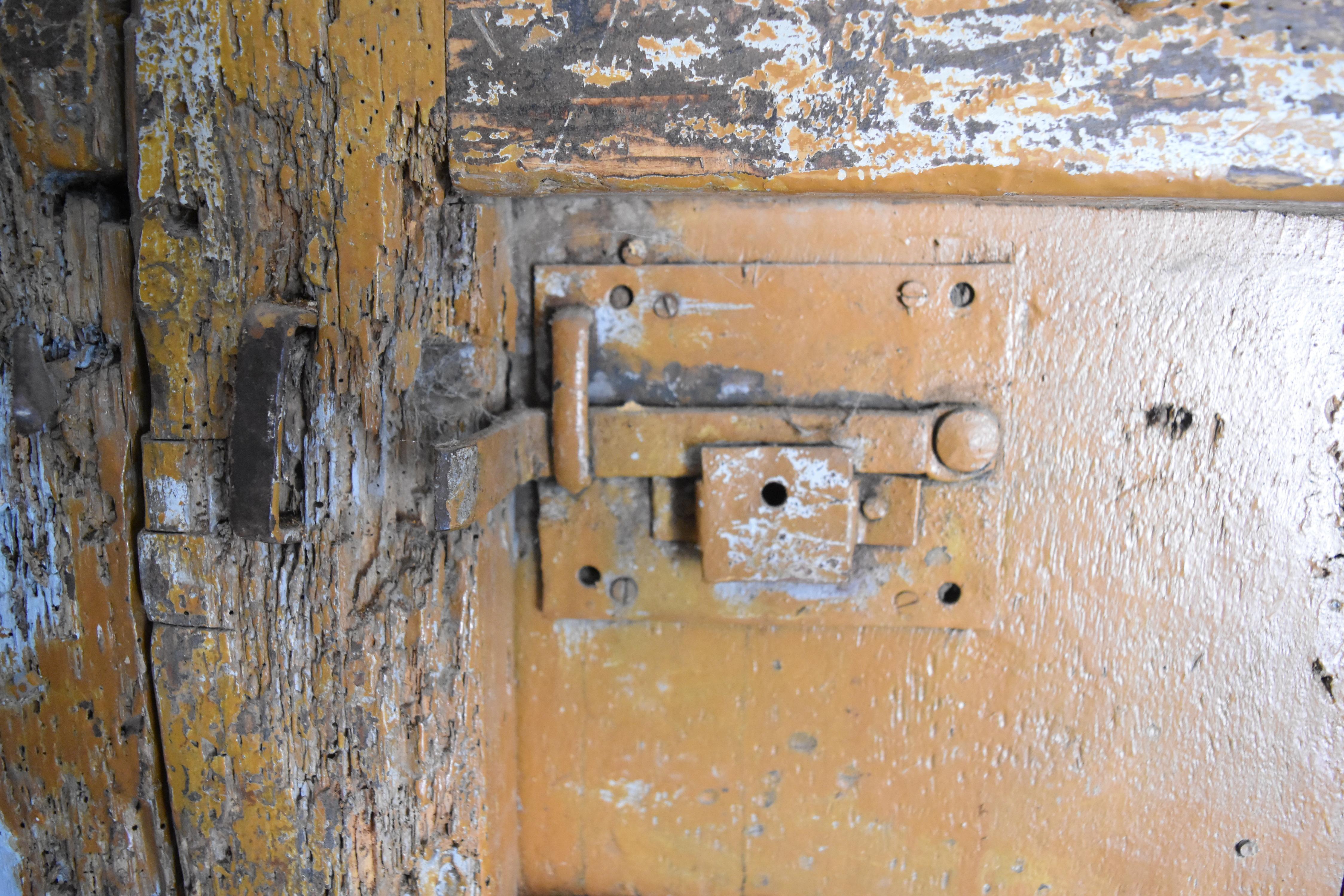 17th Century Spanish Rustic Door with Original Inset Iron and Original Paint For Sale 2
