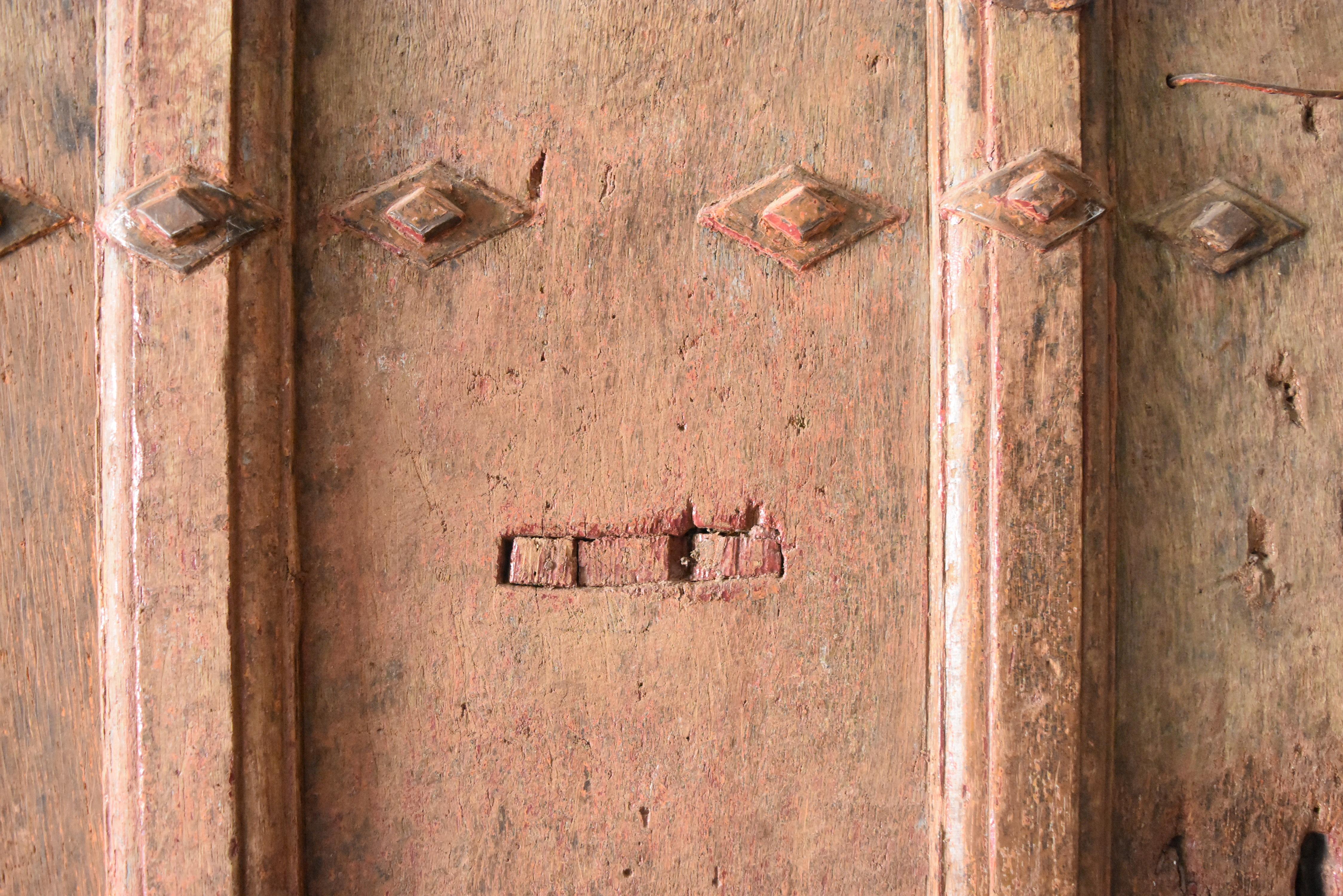 18th Century and Earlier 17th Century Spanish Rustic Door with Original Inset Iron and Original Paint For Sale