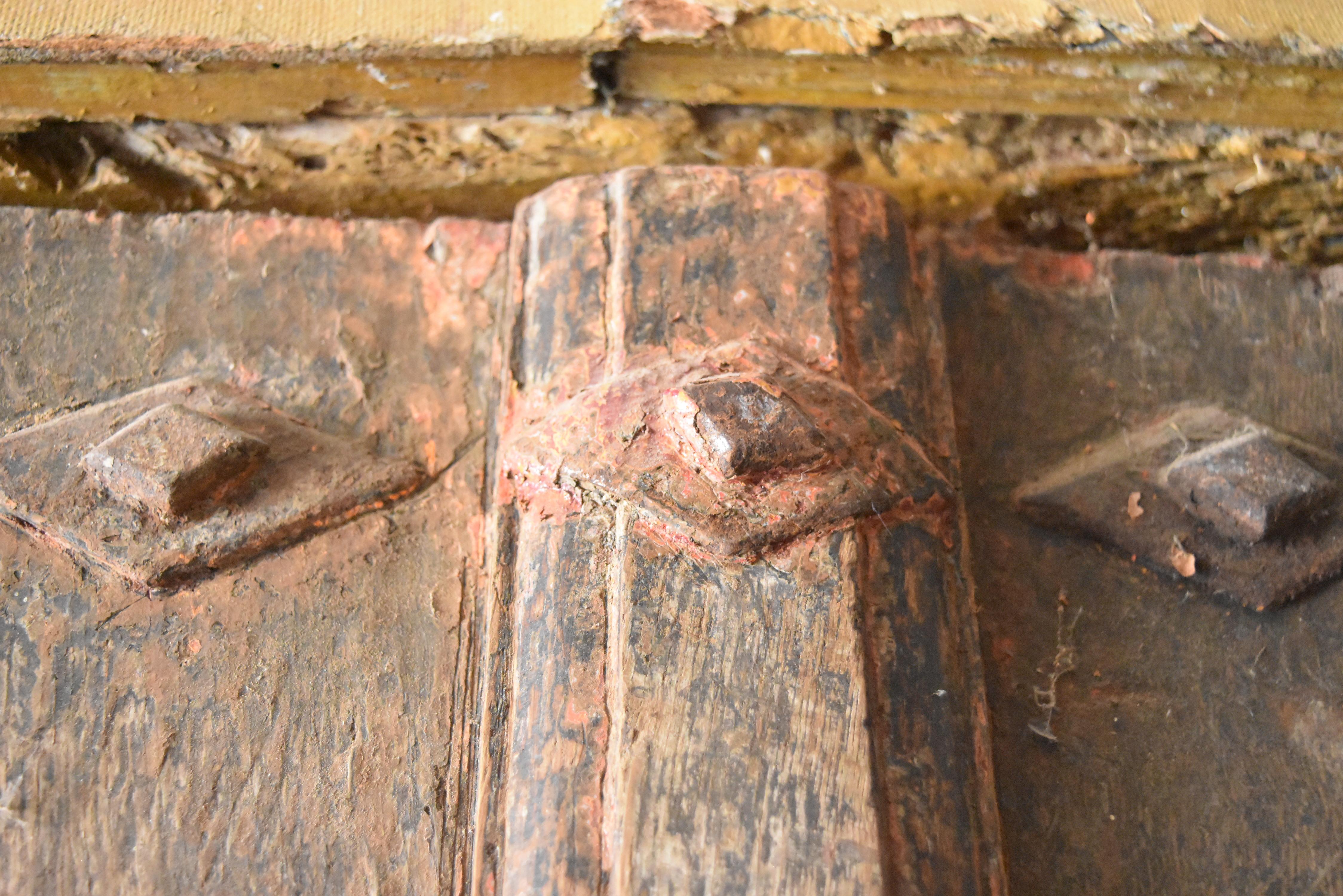 Hardwood 17th Century Spanish Rustic Door with Original Inset Iron and Original Paint For Sale