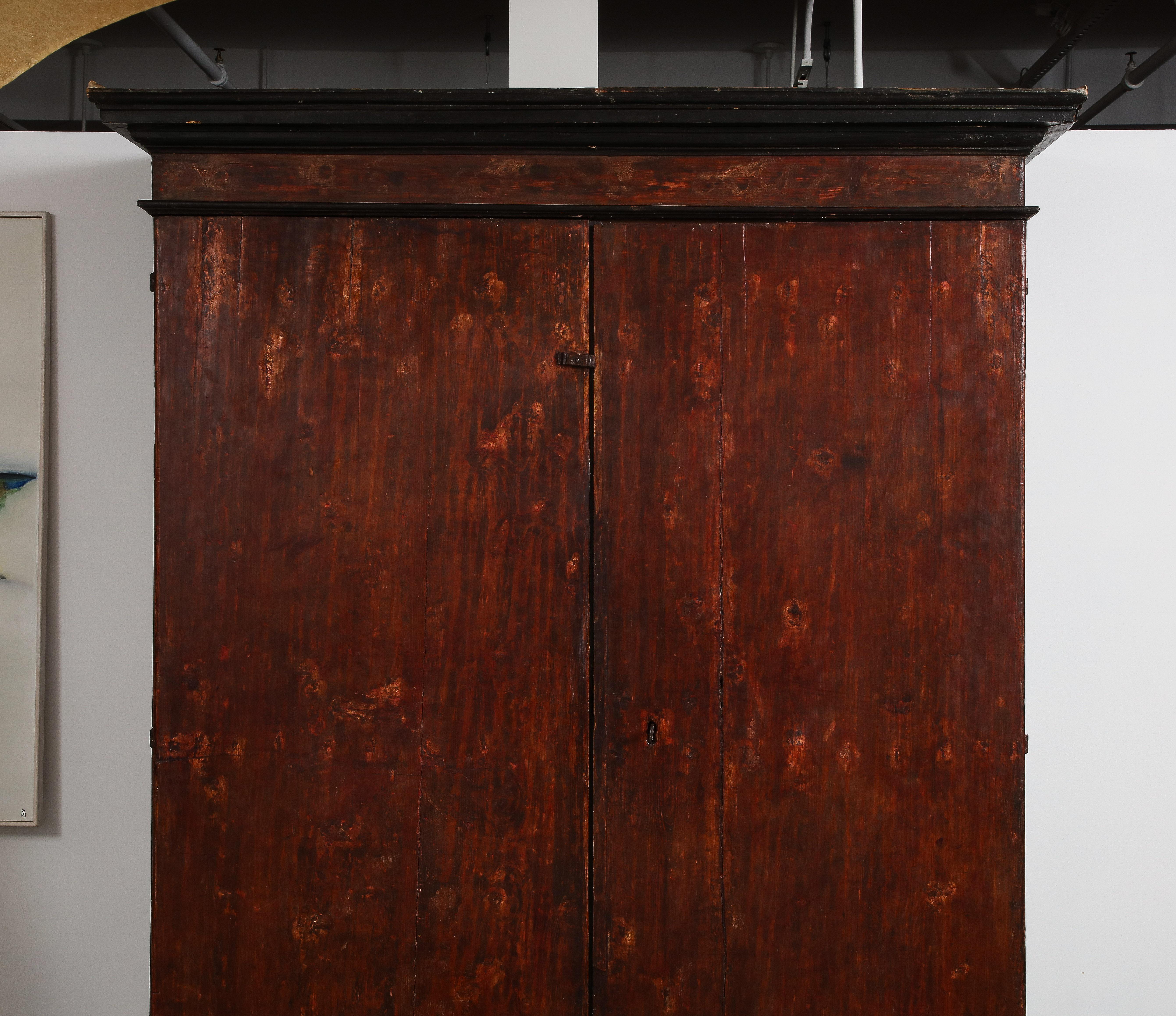 Primitive 17th C. Tuscan Walnut Lacquered Cabinet with Shelves, Italy
