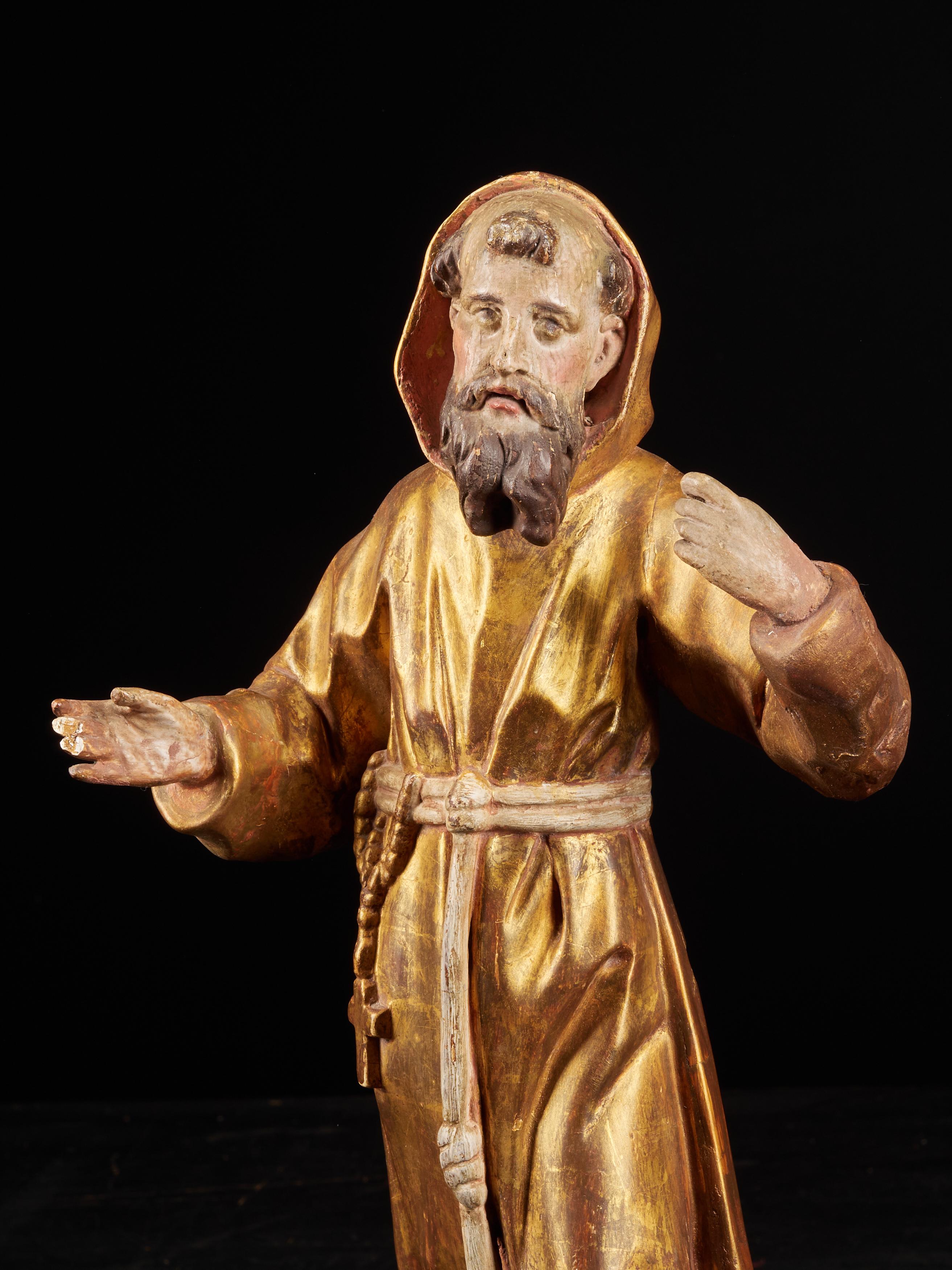Wooden Statue of Saint-Francis with the Original Polychromy and Gilding 6