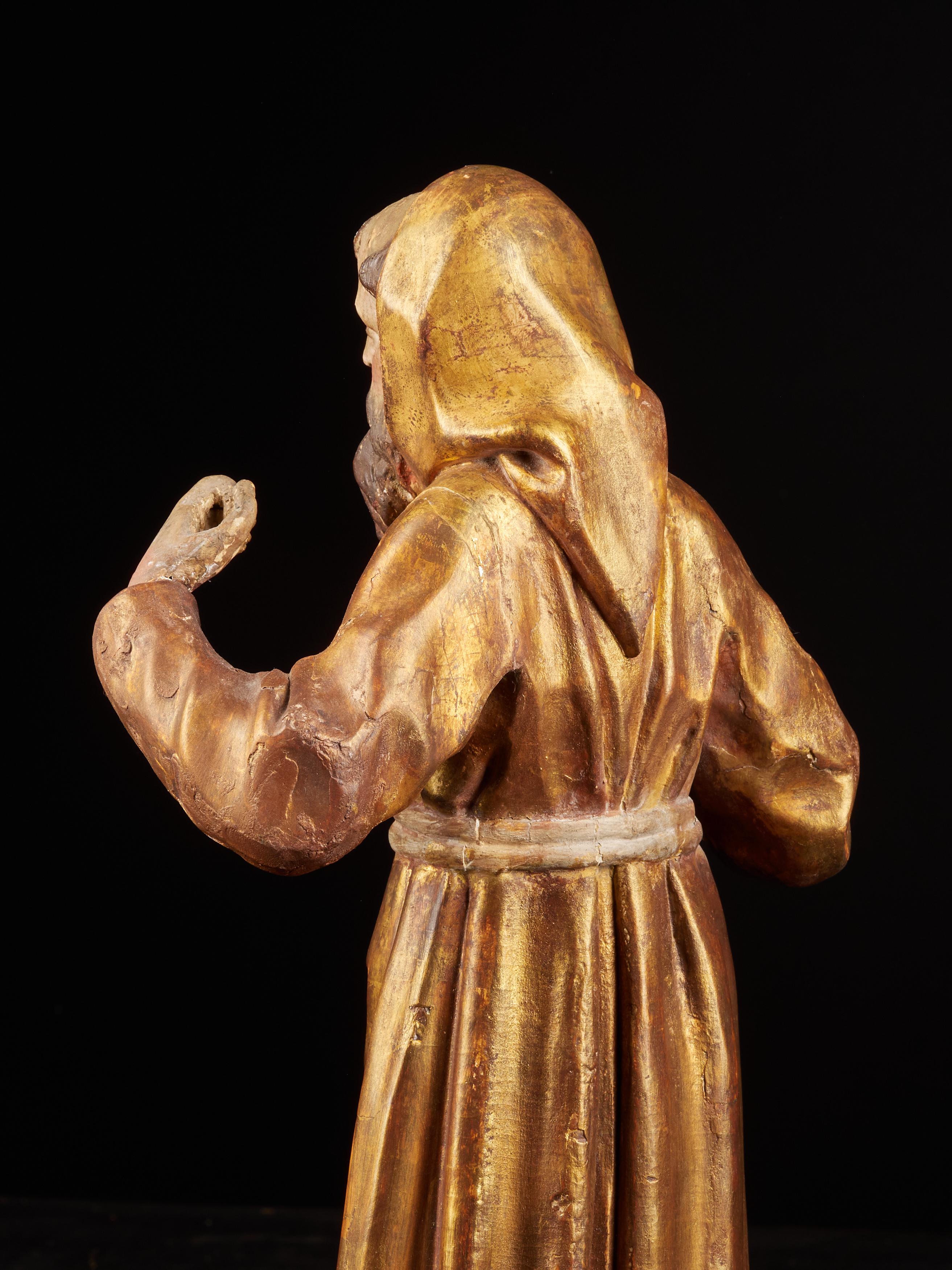 Wooden Statue of Saint-Francis with the Original Polychromy and Gilding 7