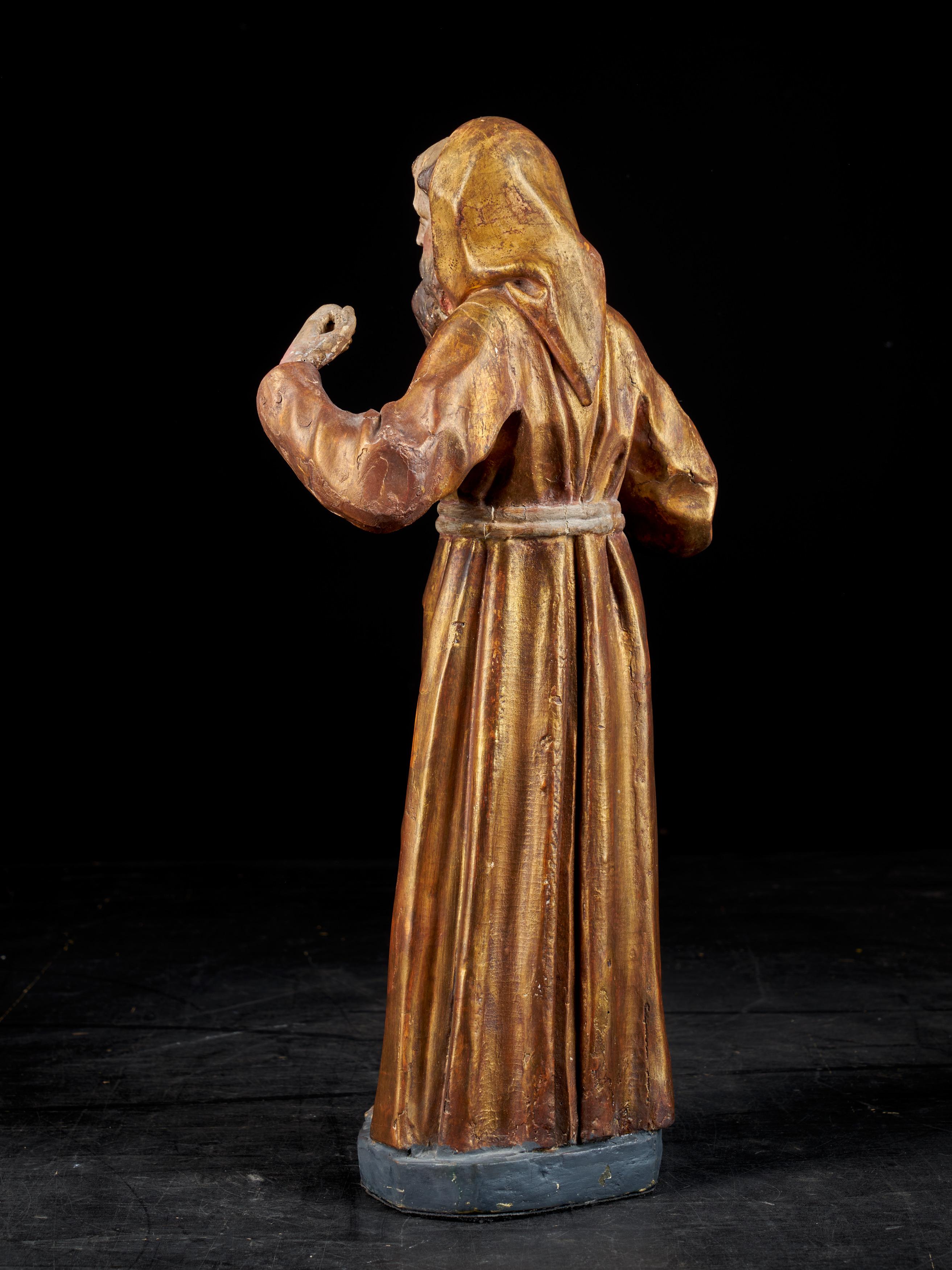 Gilt Wooden Statue of Saint-Francis with the Original Polychromy and Gilding